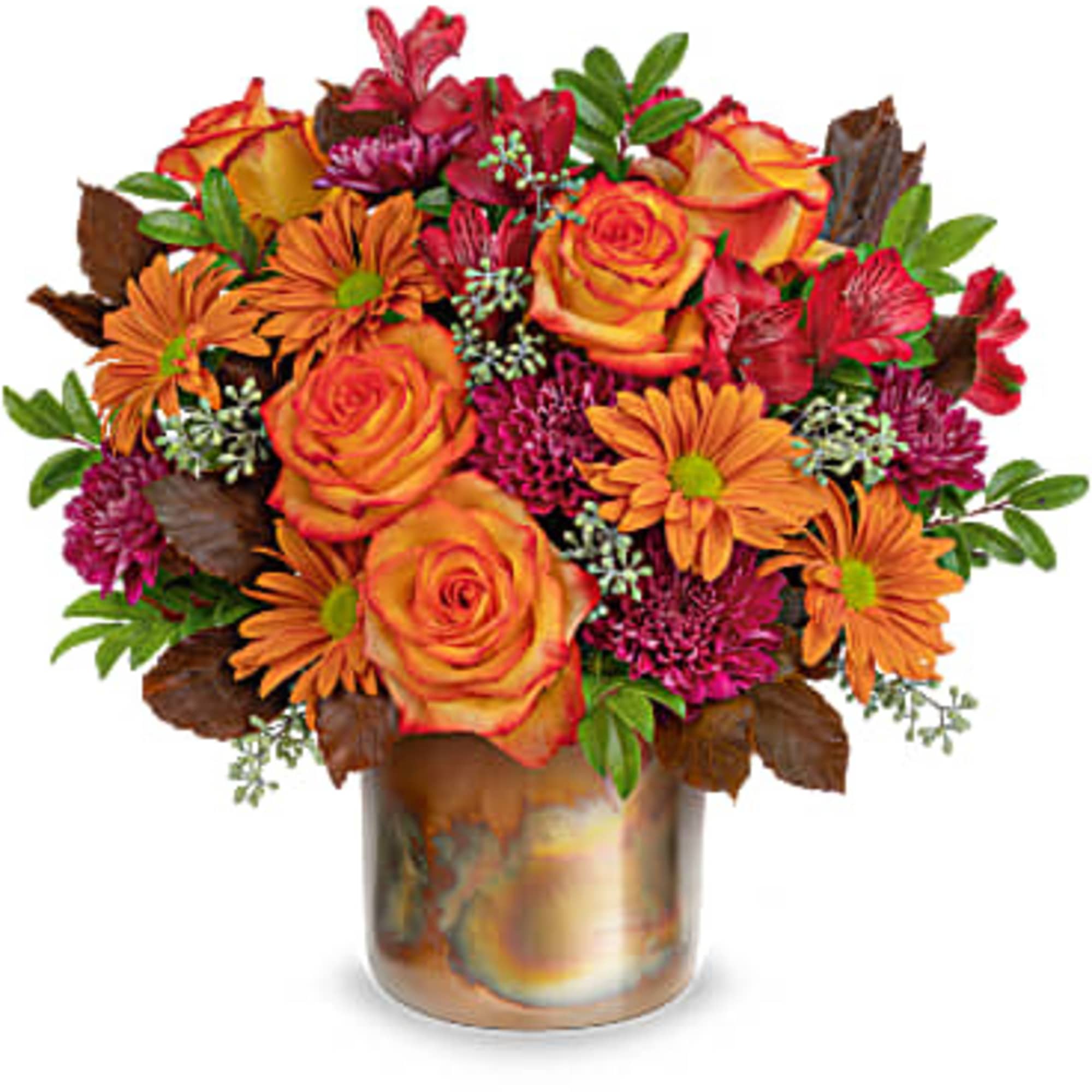 Orange roses and daisies in a bronze vase