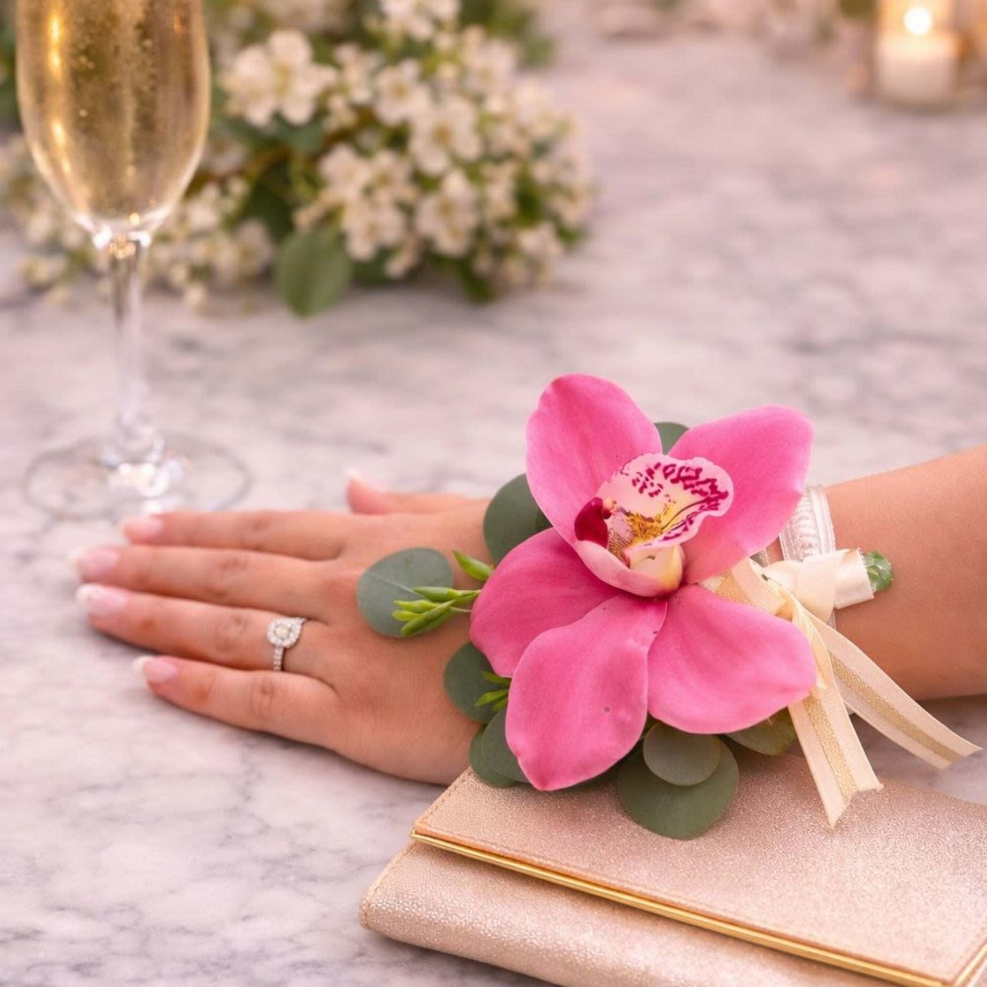 Orchid Wrist Corsage &ndash; $65

Elegant wrist corsage designed with a fresh orchid