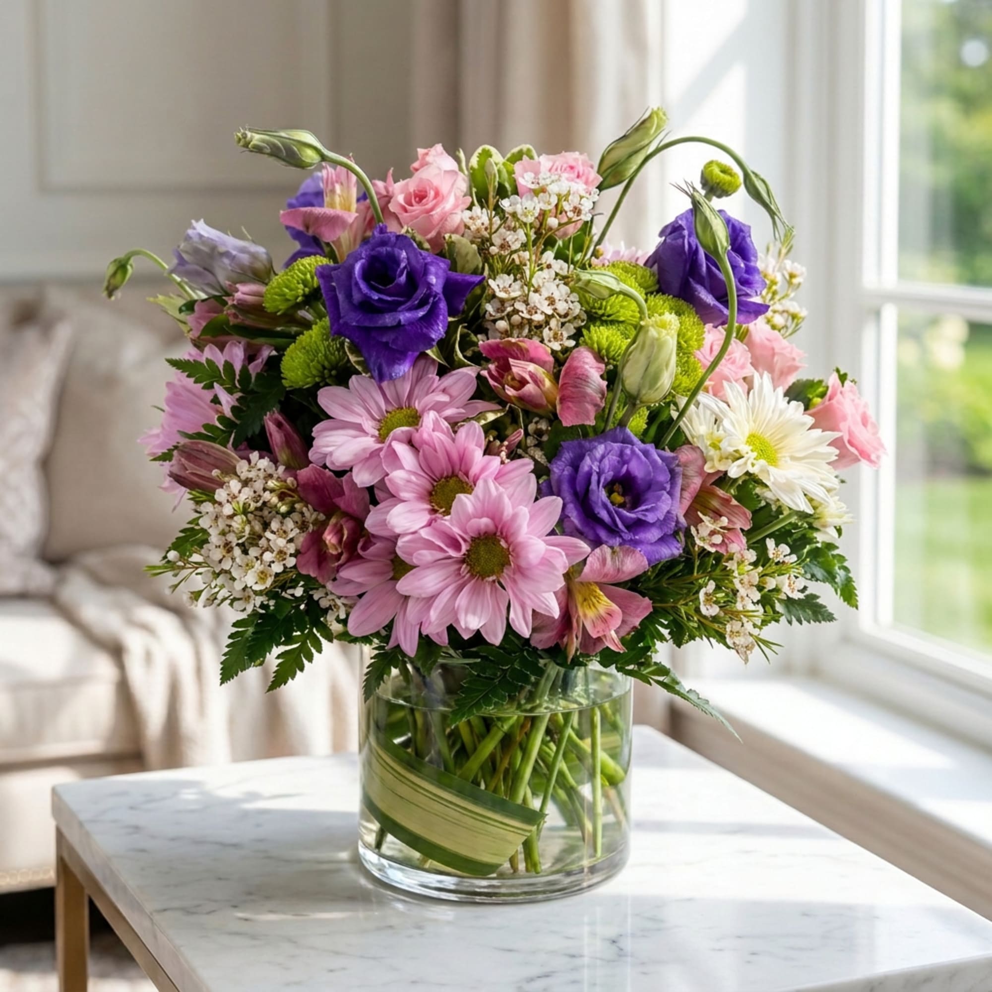 Mixed pink and purple bouquet in a clear glass vase