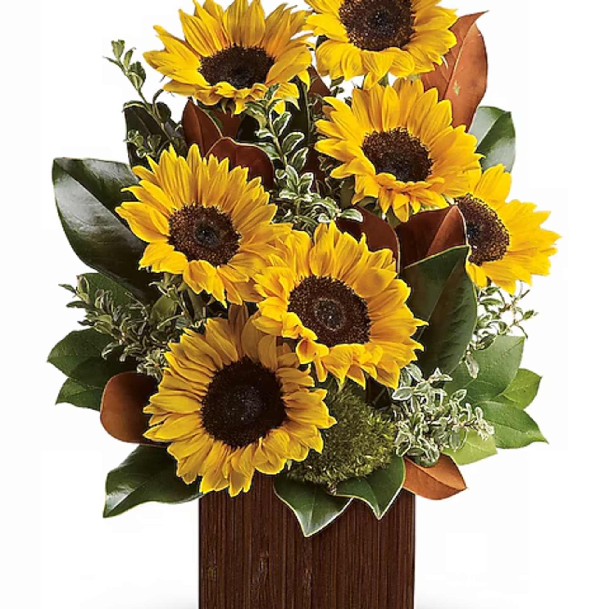 Sunflower arrangement in a rectangular wooden vase
