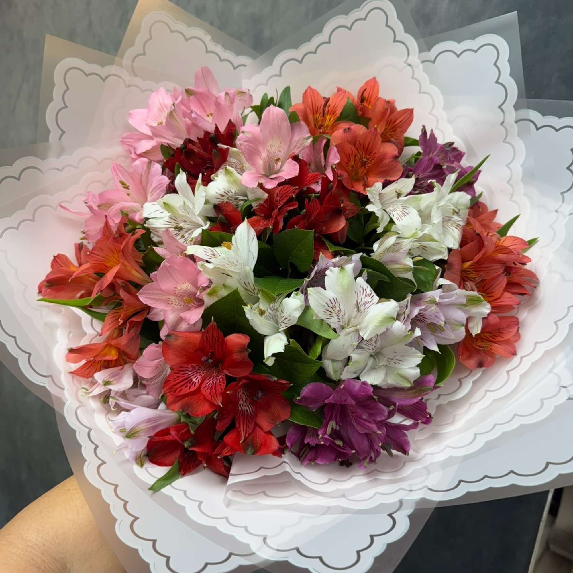 Mixed bouquet of pink, red, white, orange, and purple flowers wrapped in translucent paper
