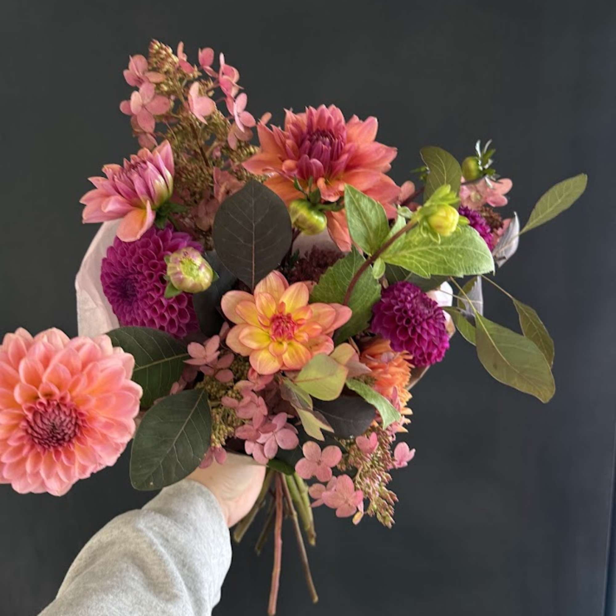 Handheld bouquet of pink and orange dahlias with dark foliage