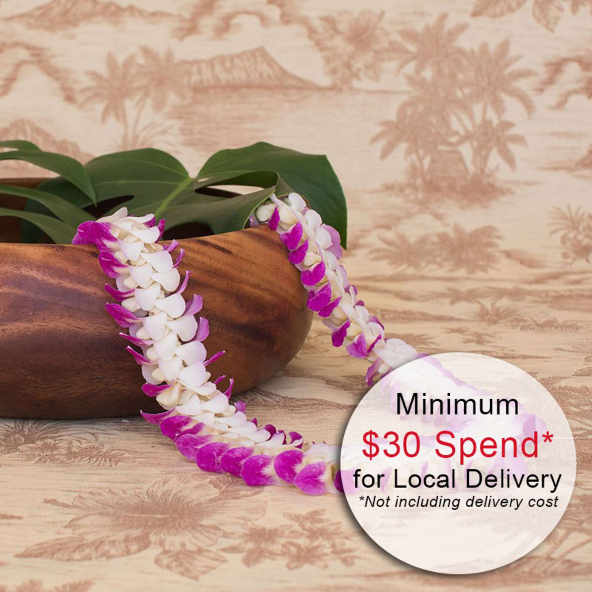 Purple and white orchid lei draped over a wooden bowl with tropical leaves on a patterned surface