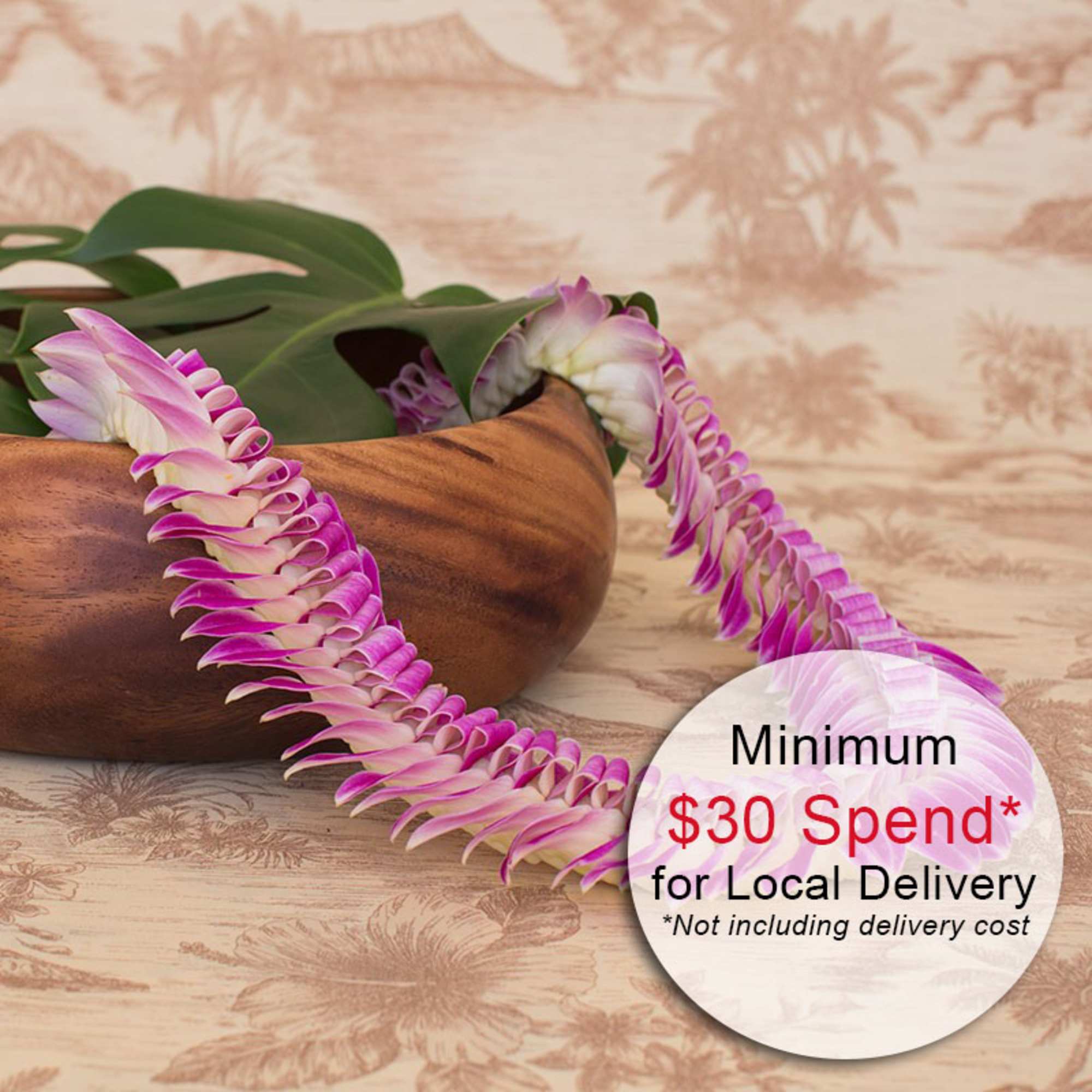 Purple and white floral lei draped over a wooden bowl on a patterned surface