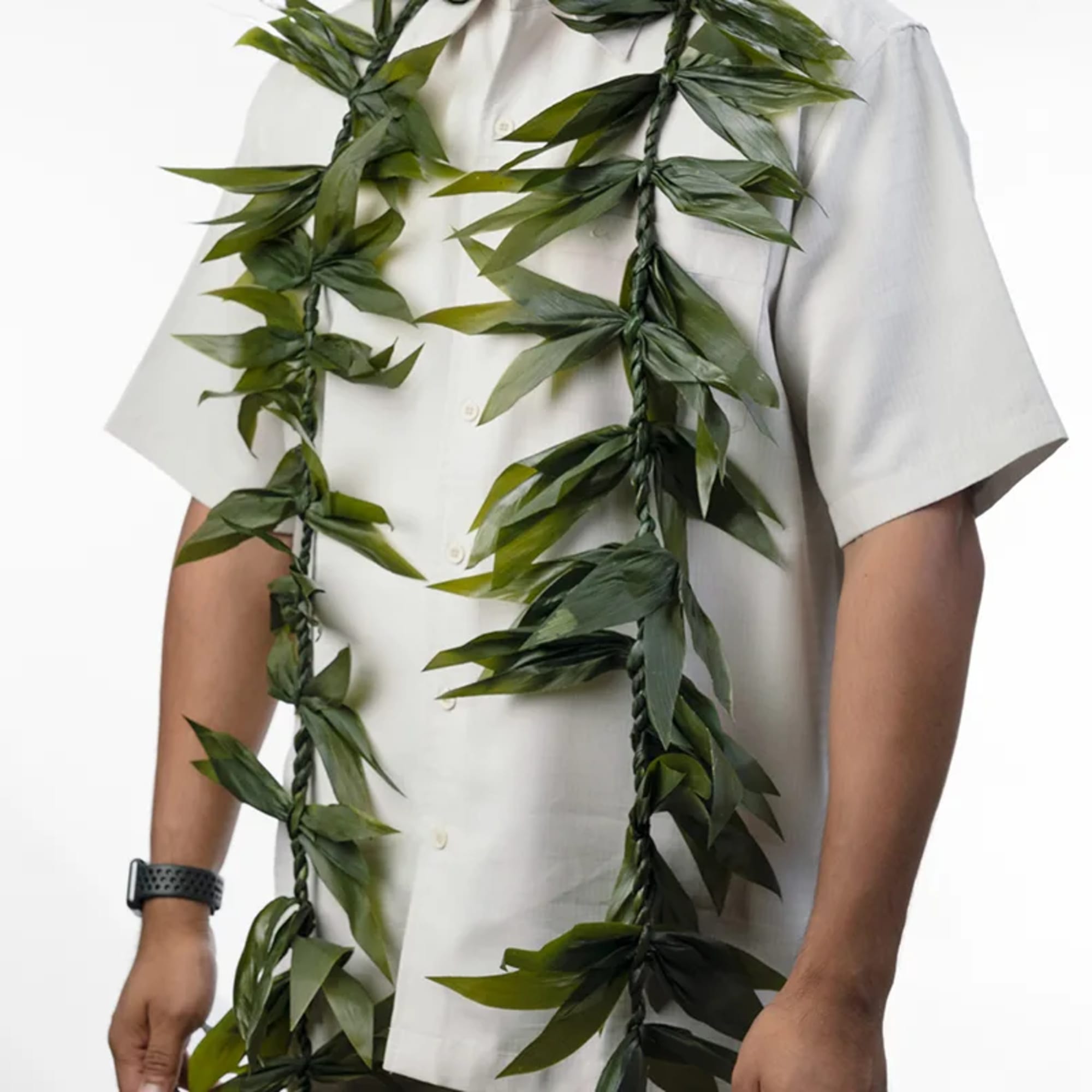 Long green leaf lei draped around a person wearing a white shirt