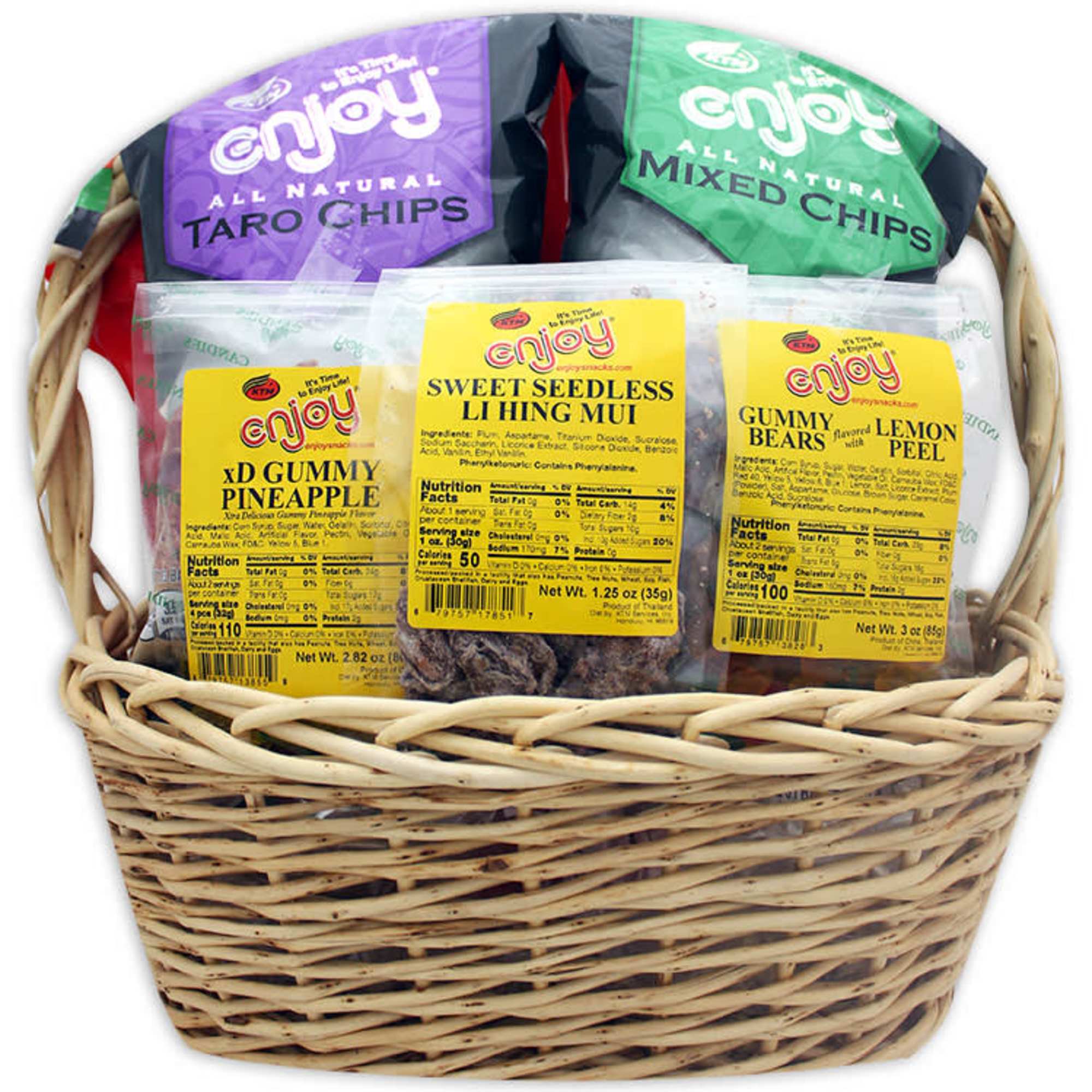 Wicker gift basket filled with assorted chips and packaged gummy snacks