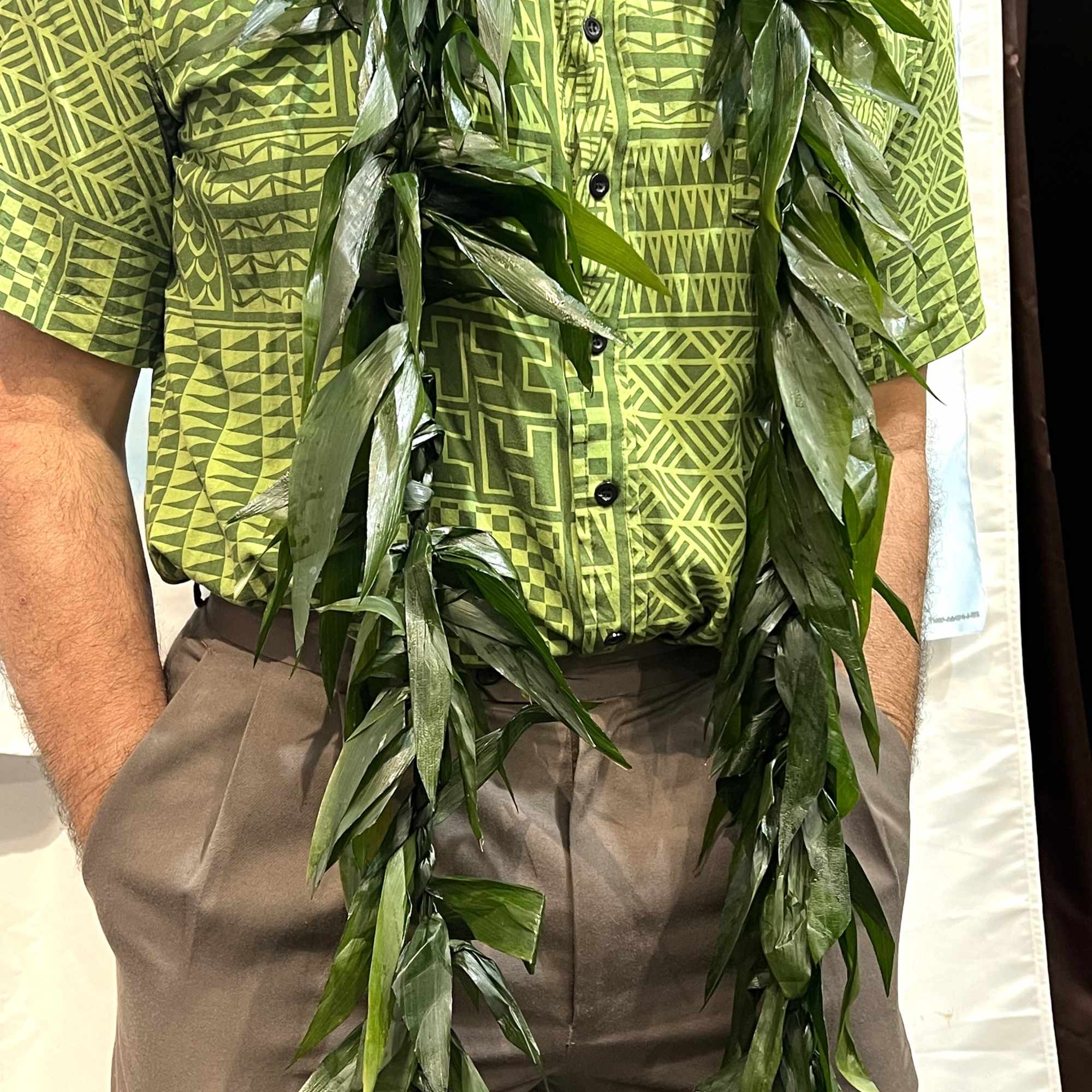 Long green leaf lei draped around a person wearing a patterned green shirt