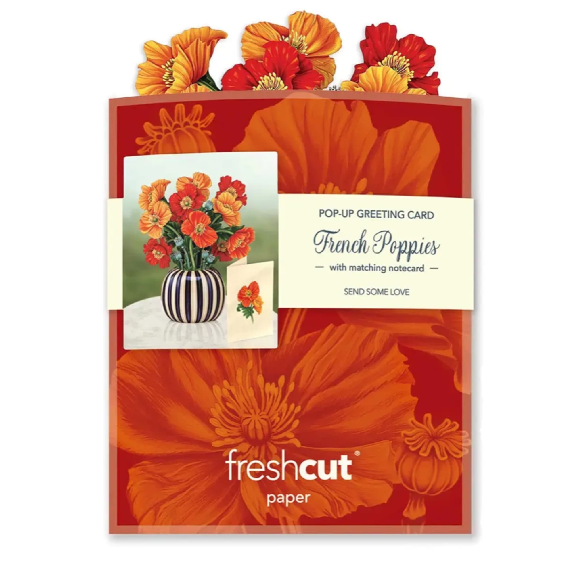 Pop-up greeting card with orange and red poppies and a matching note card