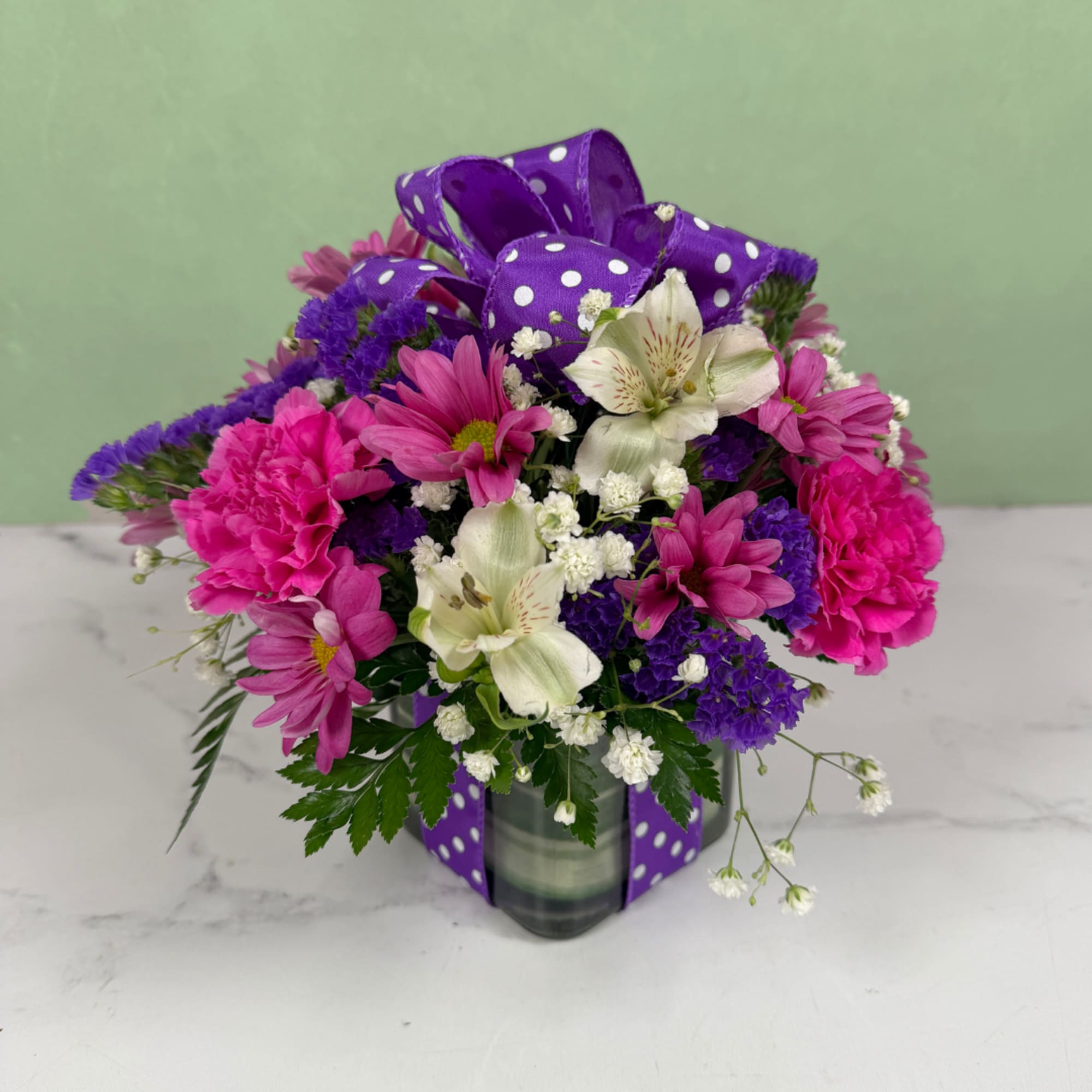 Polka Dot Blooms Bouquet - Purple,  featuring a 4" glass cubed, photo 2 of 3