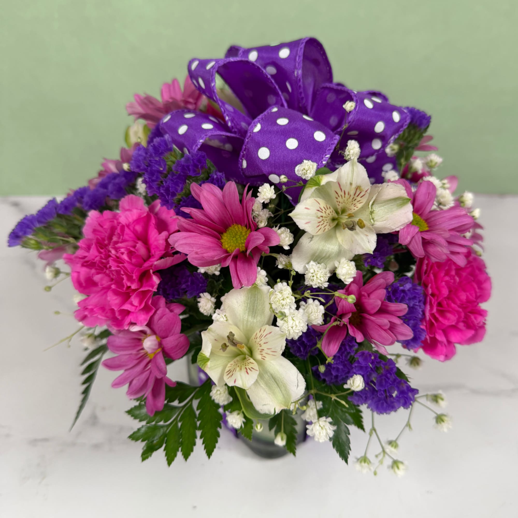 Polka Dot Blooms Bouquet - Purple,  featuring a 4" glass cubed, photo 3 of 3