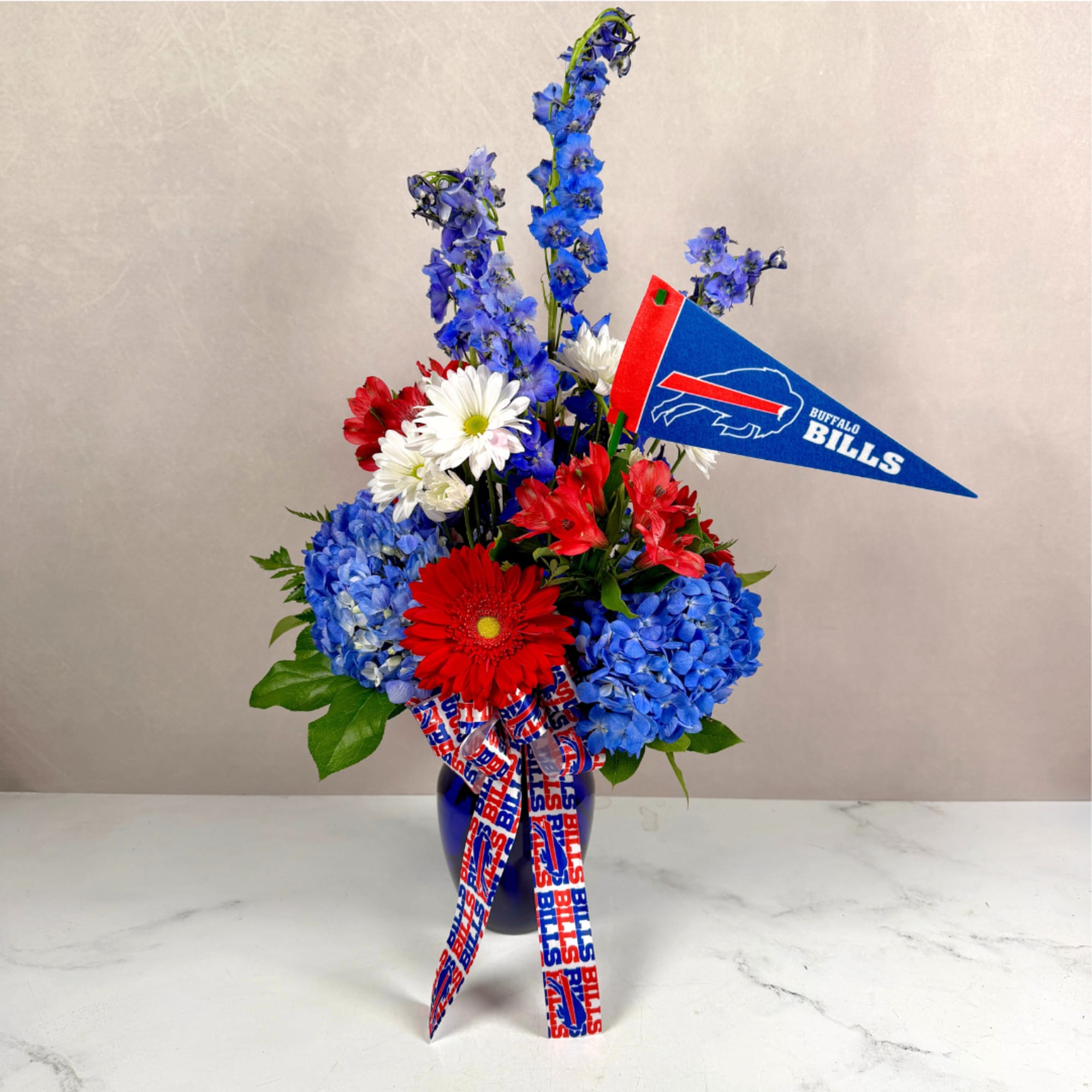 The Go Bills Bouquet by Savilles Florist features bright red alstroemeria, gerbera, photo 2 of 3