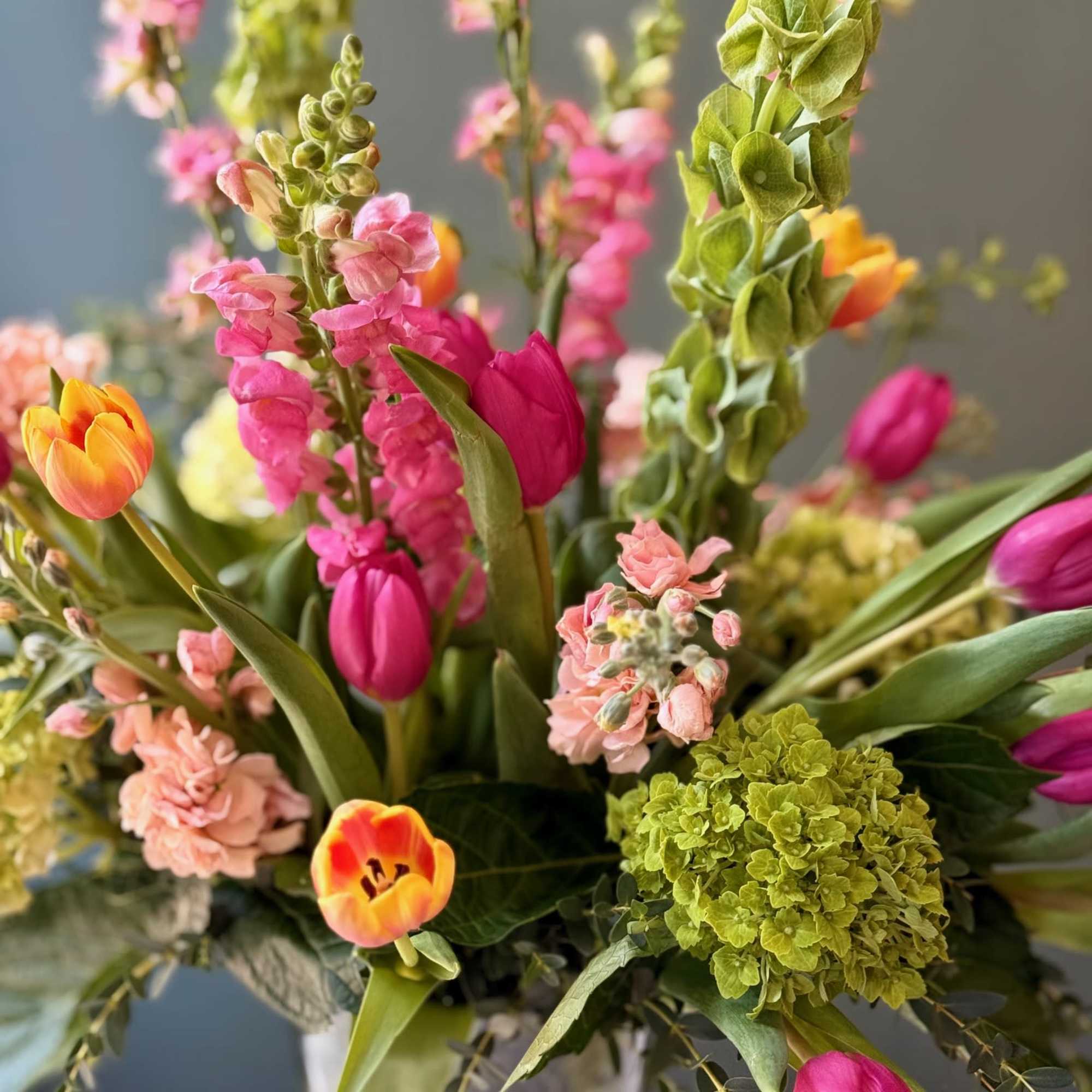Celebrate Spring Charleston-style with this gorgeous arrangement. 
Featuring:
- Tulips
- Green Hydrangeas
- Larkspur
-