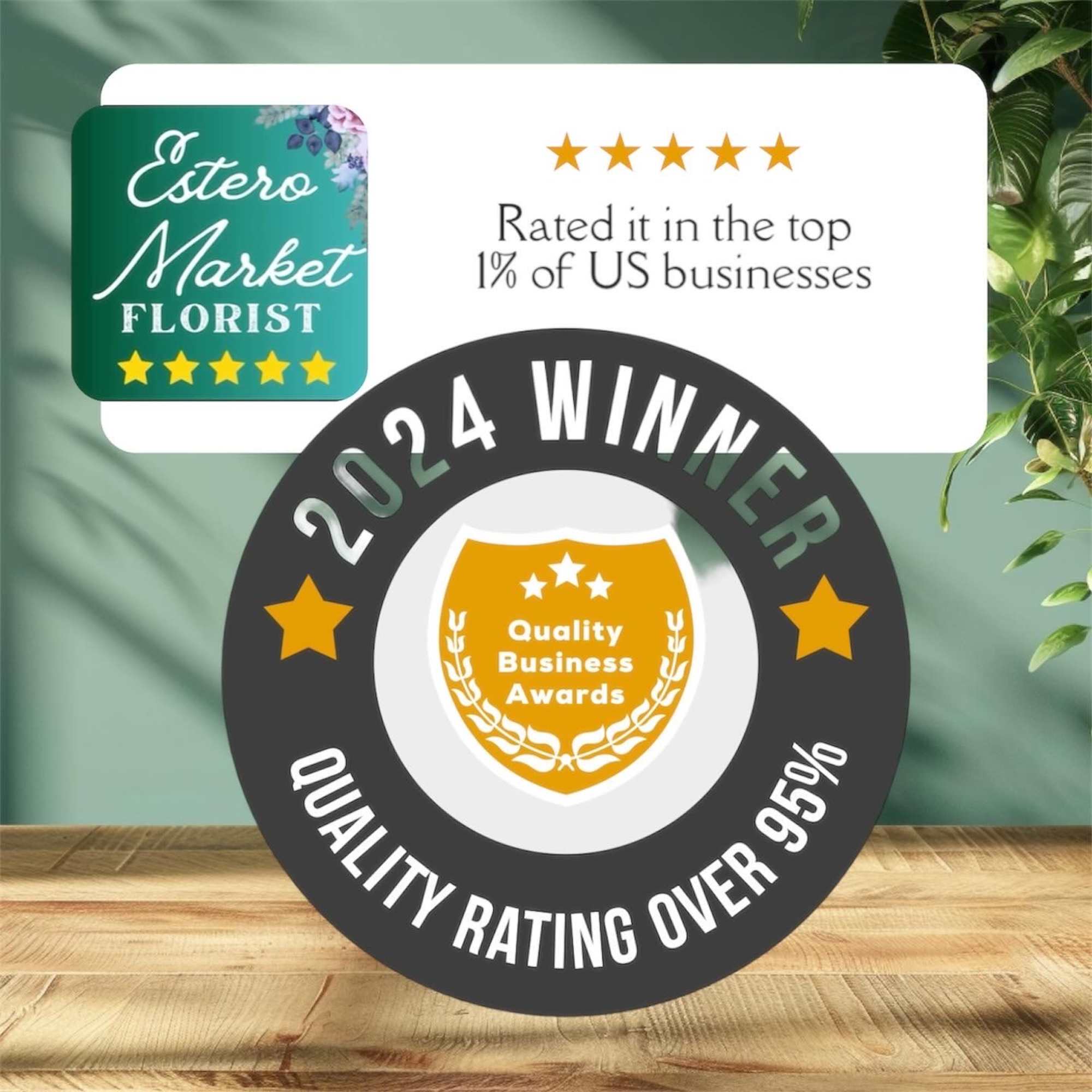 Award badges and a florist rating graphic on a wall