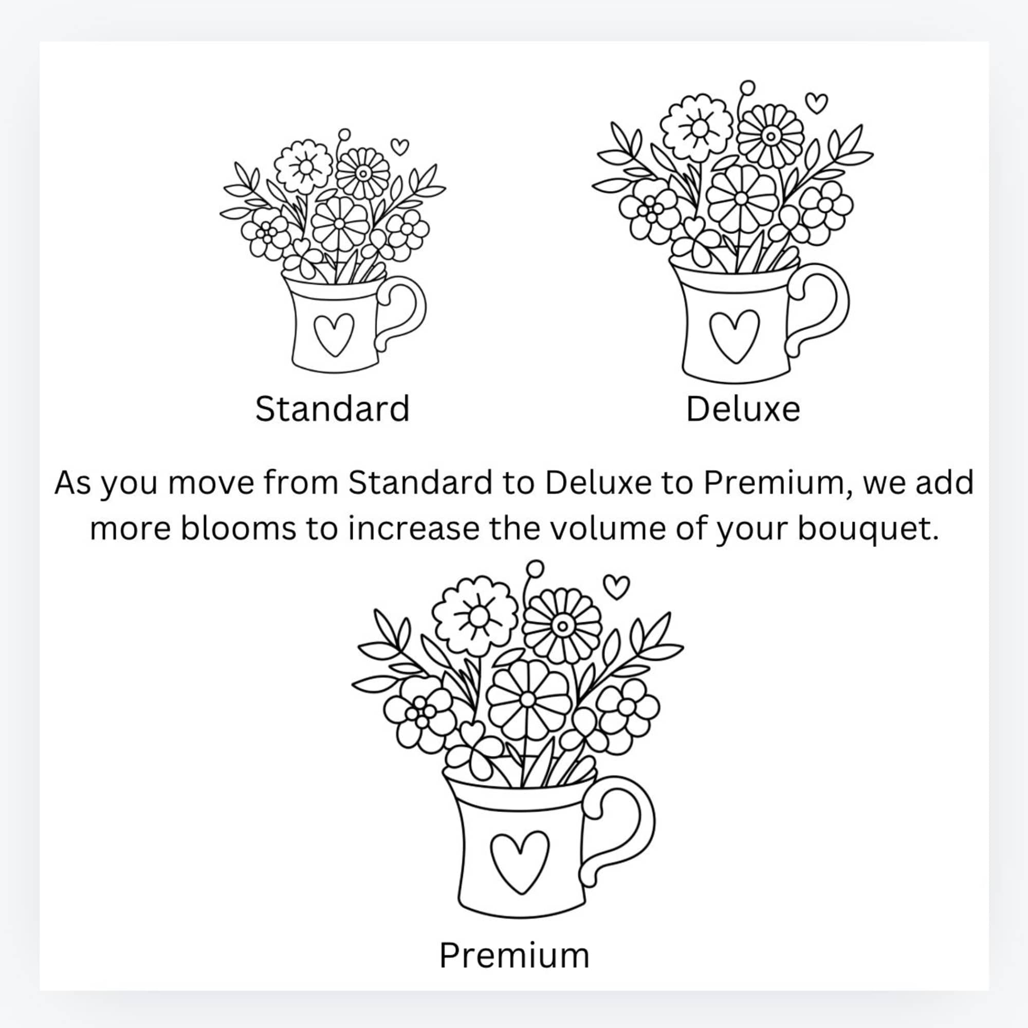 Line drawings of flower bouquets in heart mugs labeled Standard, Deluxe, and Premium.