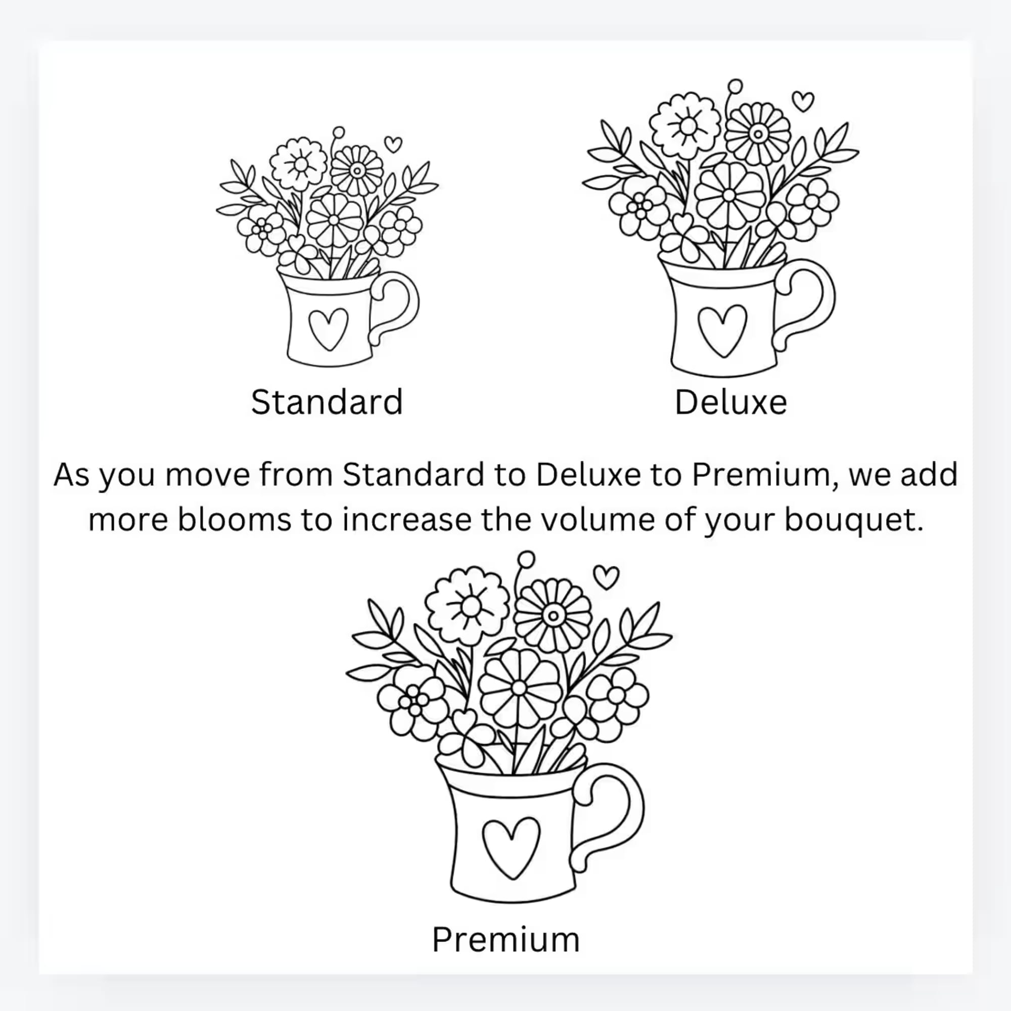 Line drawings of flower bouquets in heart mugs labeled Standard, Deluxe, and Premium.