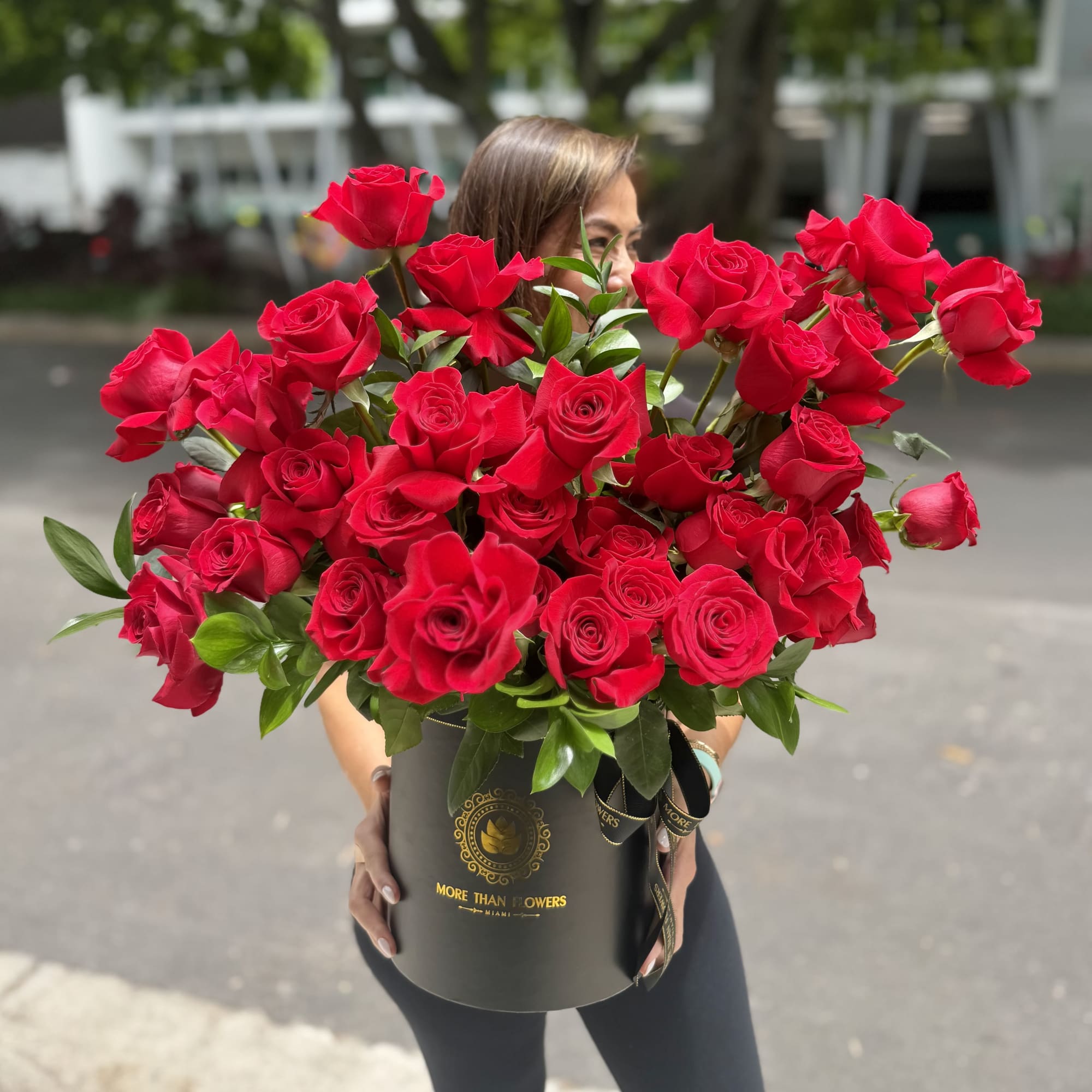 40 reflexed vivid roses cluster arranged in our signature black hatbox with, photo 3 of 3