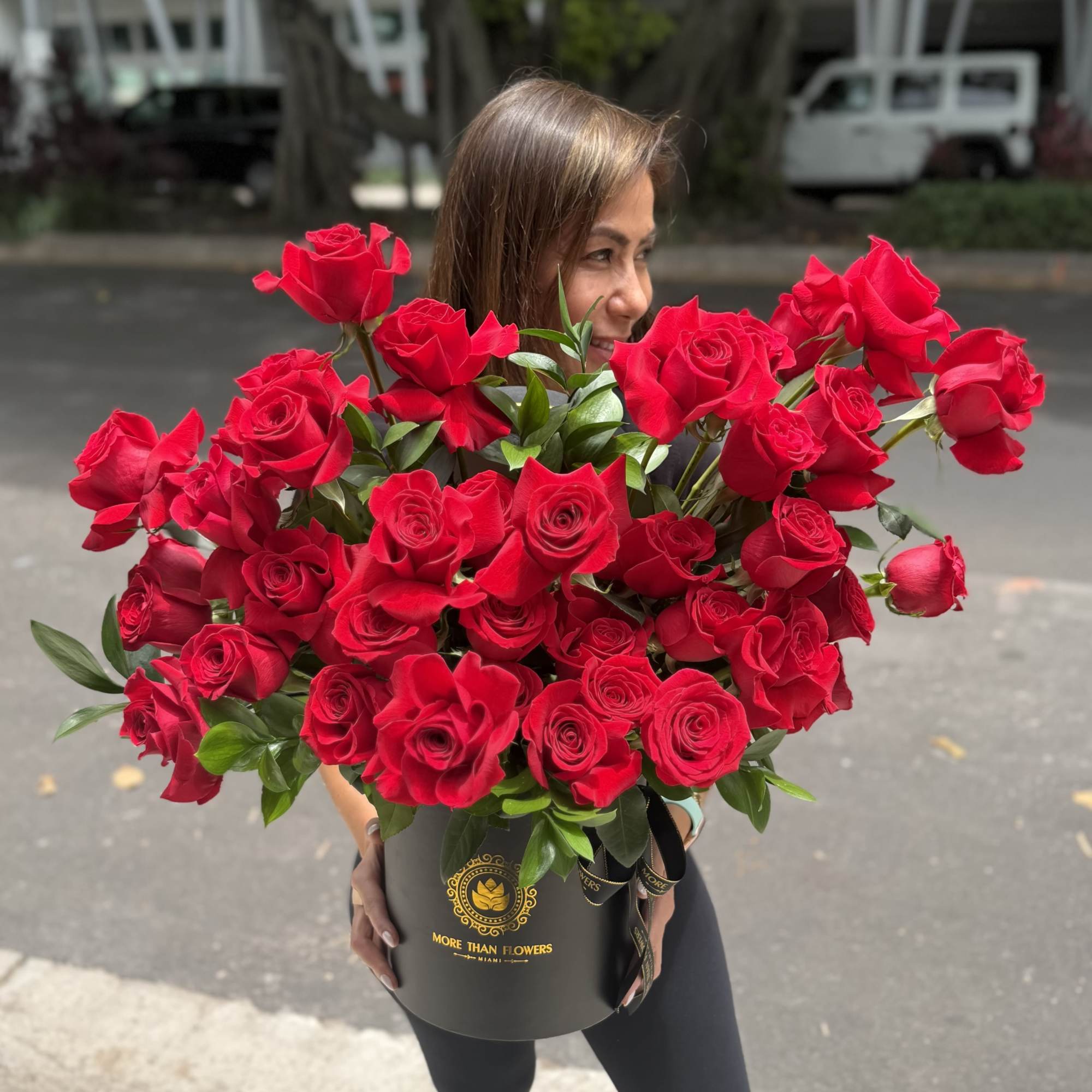40 reflexed vivid roses cluster arranged in our signature black hatbox with, photo 2 of 3