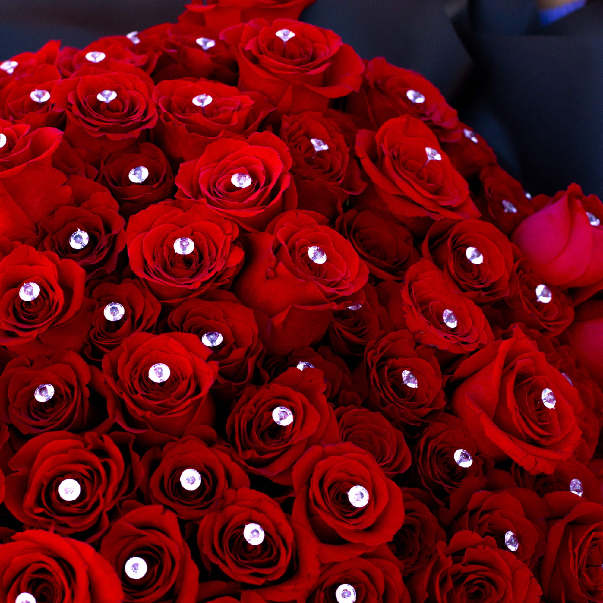 Bouquet of red roses with clear gem accents