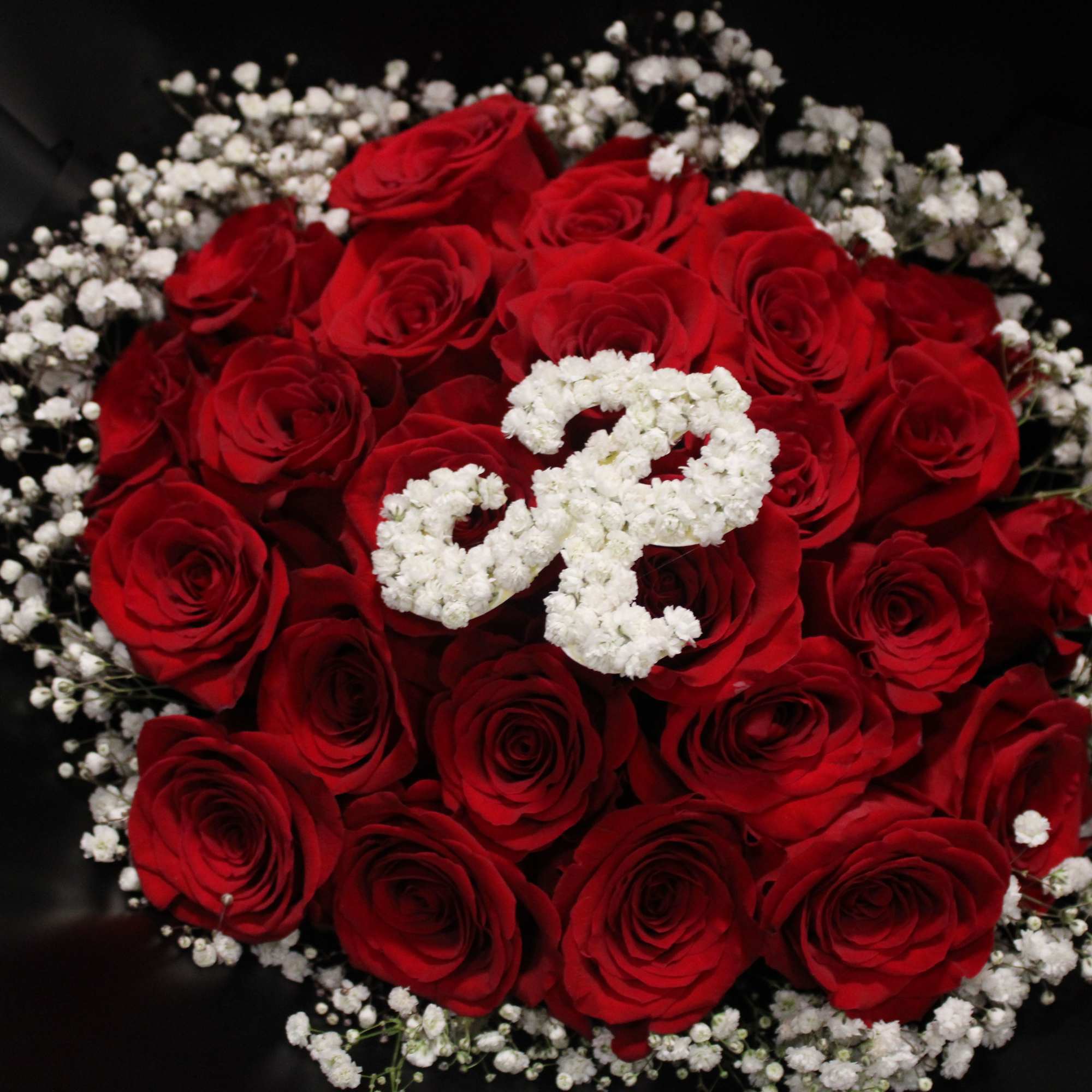 Red roses with white baby's breath arranged in a round bouquet