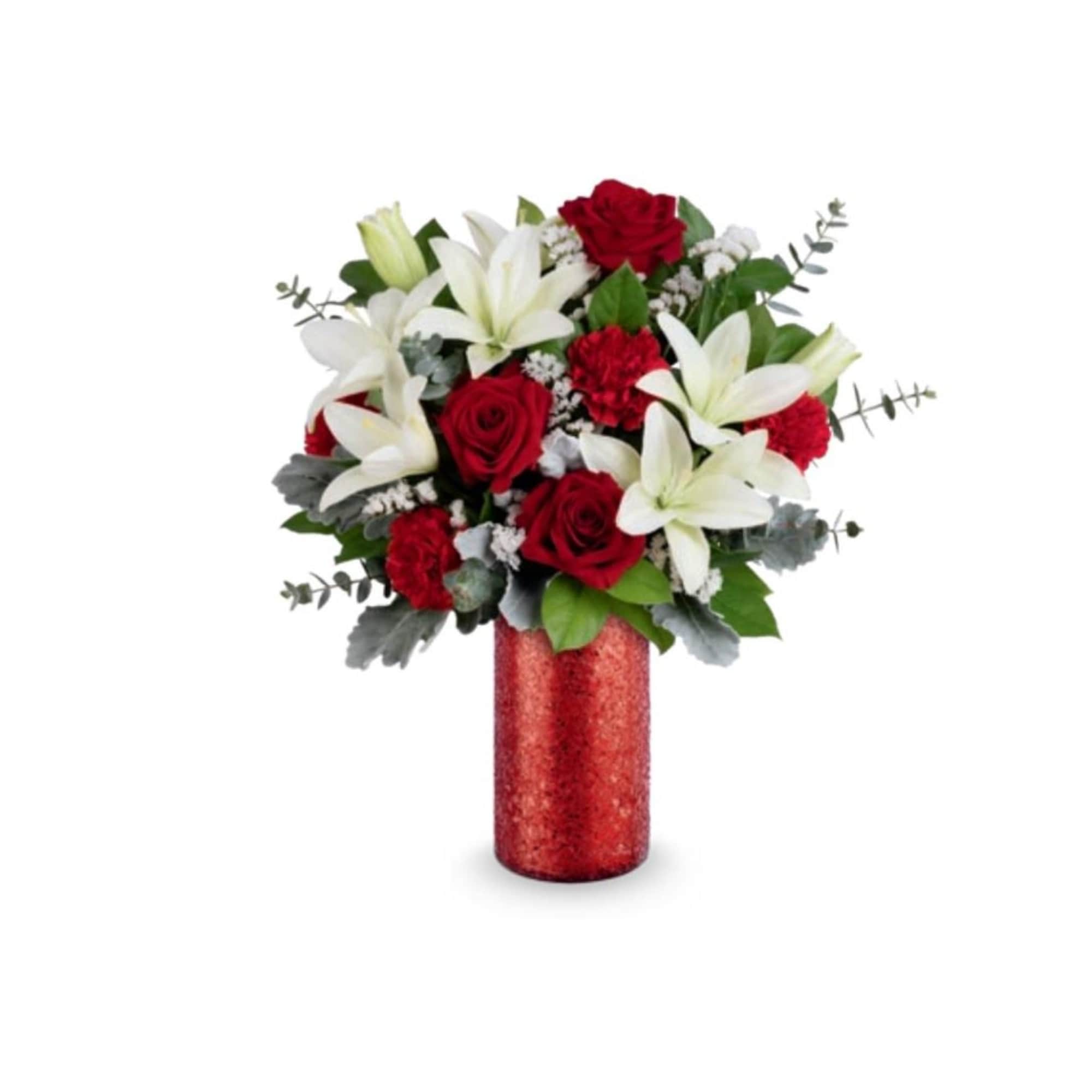 Red roses and white lilies in a red vase