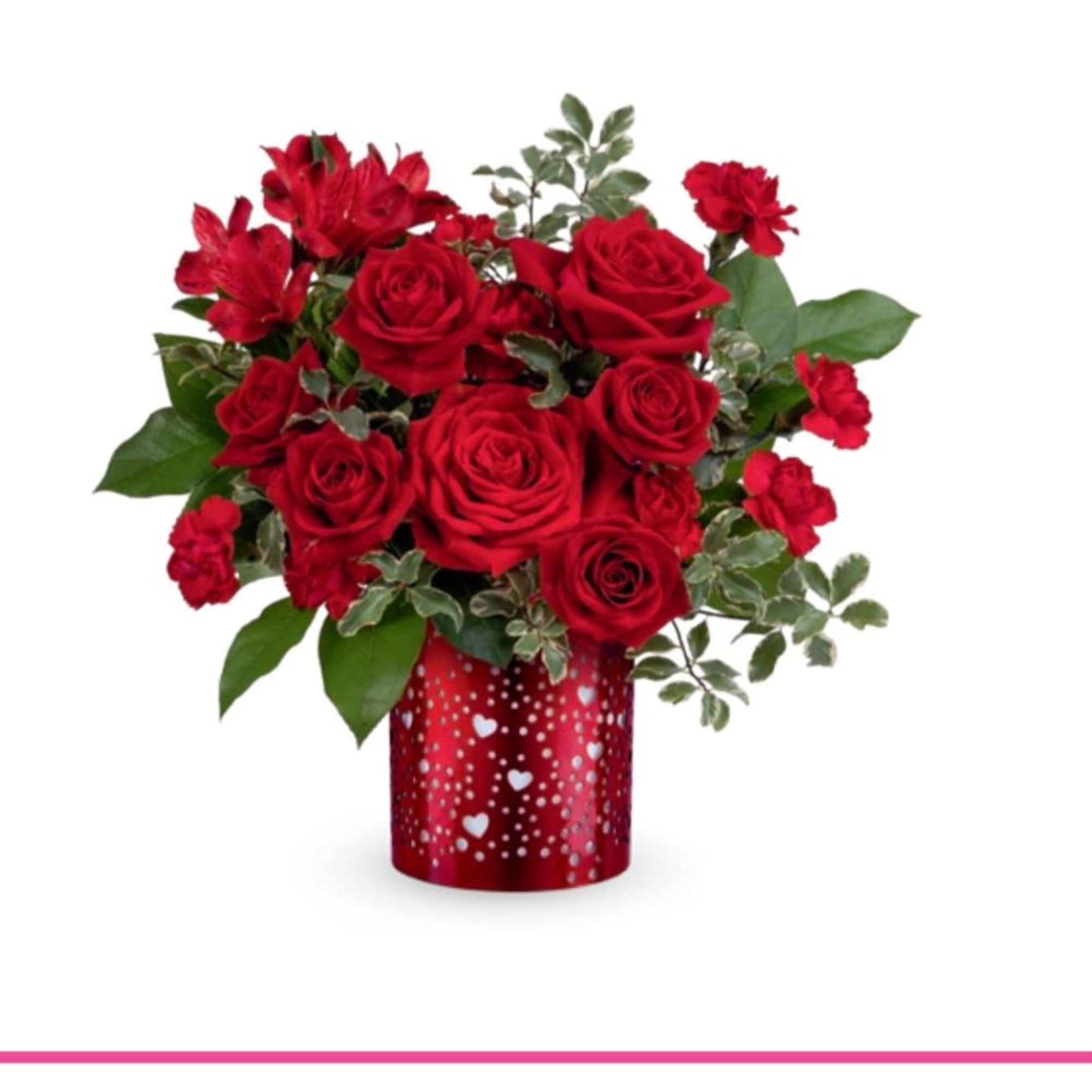 Red roses and carnations in a heart-patterned red vase