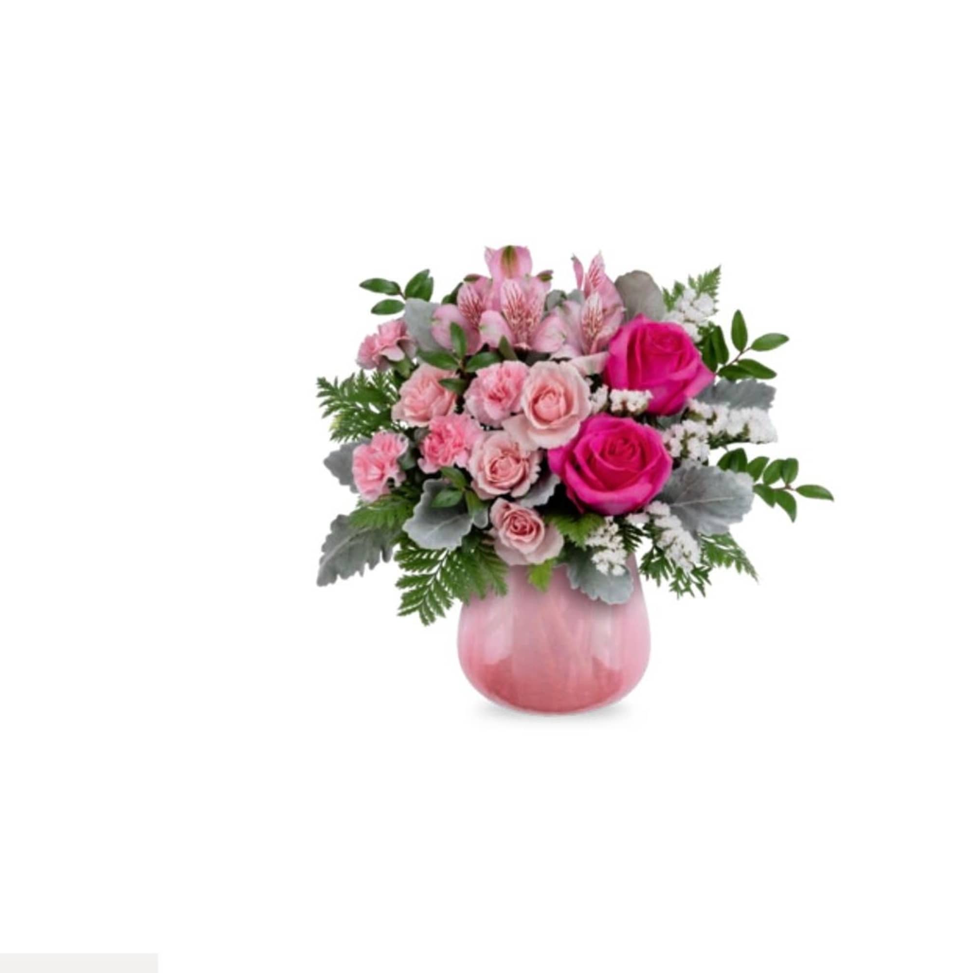 Pink roses and carnations in a pink vase