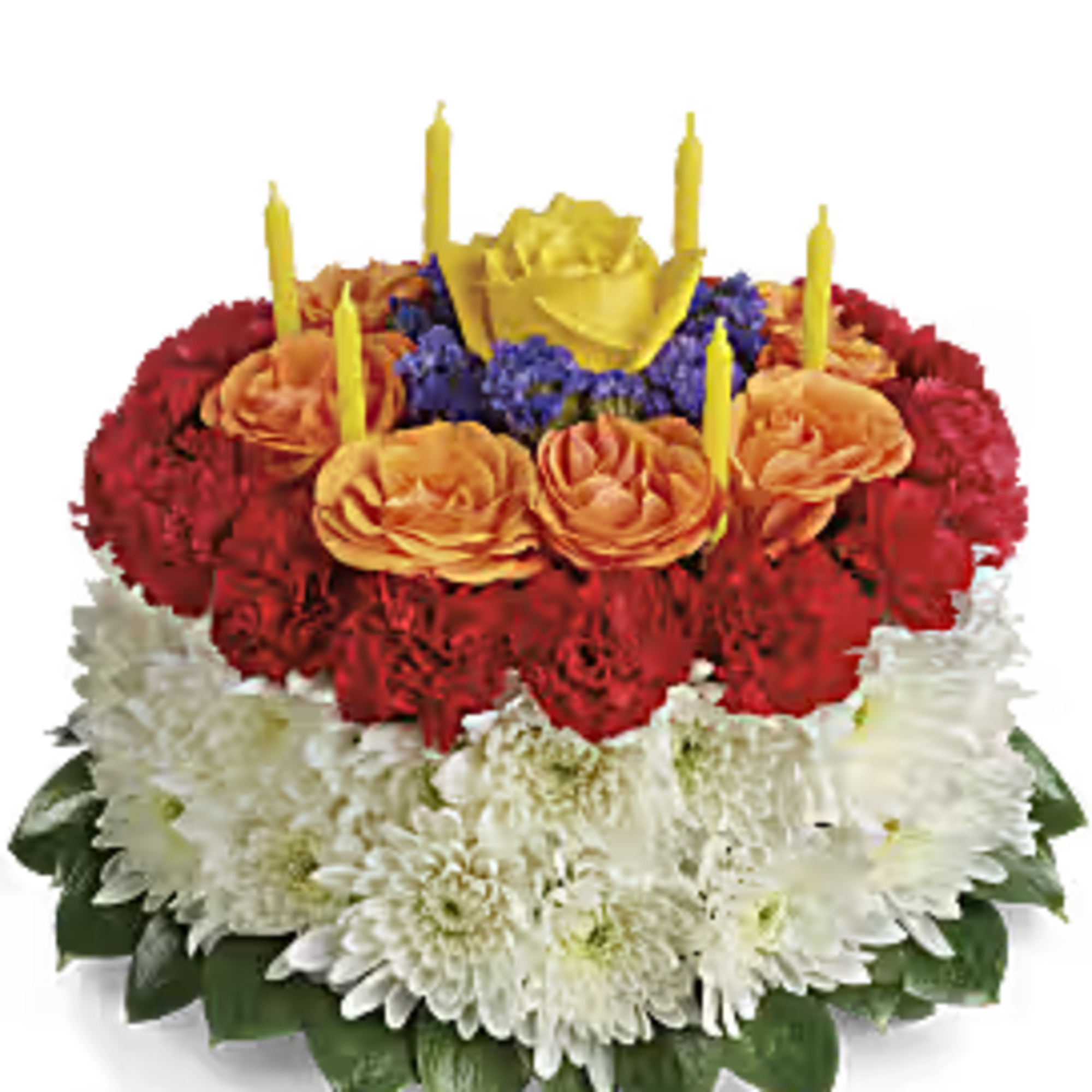 Tiered floral cake with candles in red, orange, and white flowers