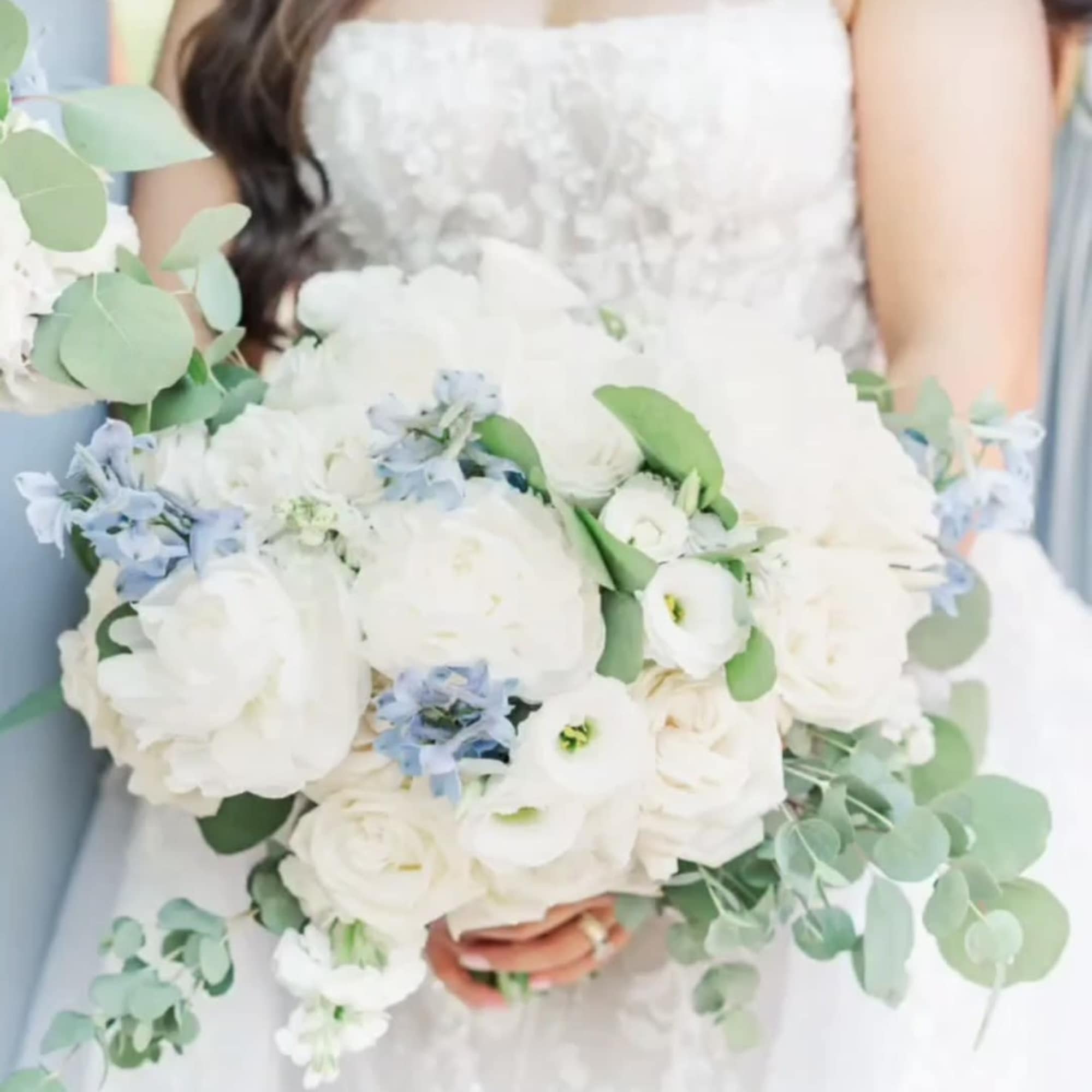 Stunning peony bouquet in a soft blue and white combination. With peonies