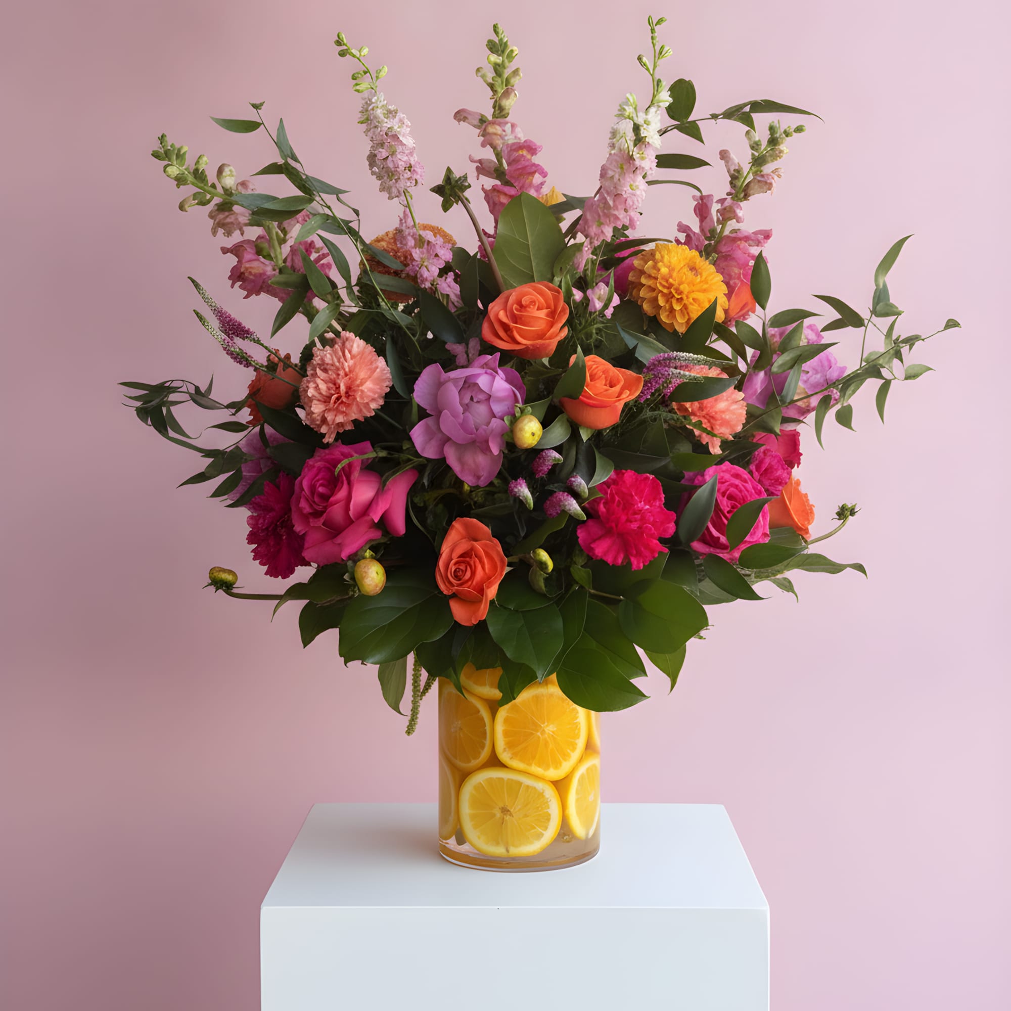Gorgeous mix of pinks and orange flowers beautifully arranged, sits on a, photo 2 of 2
