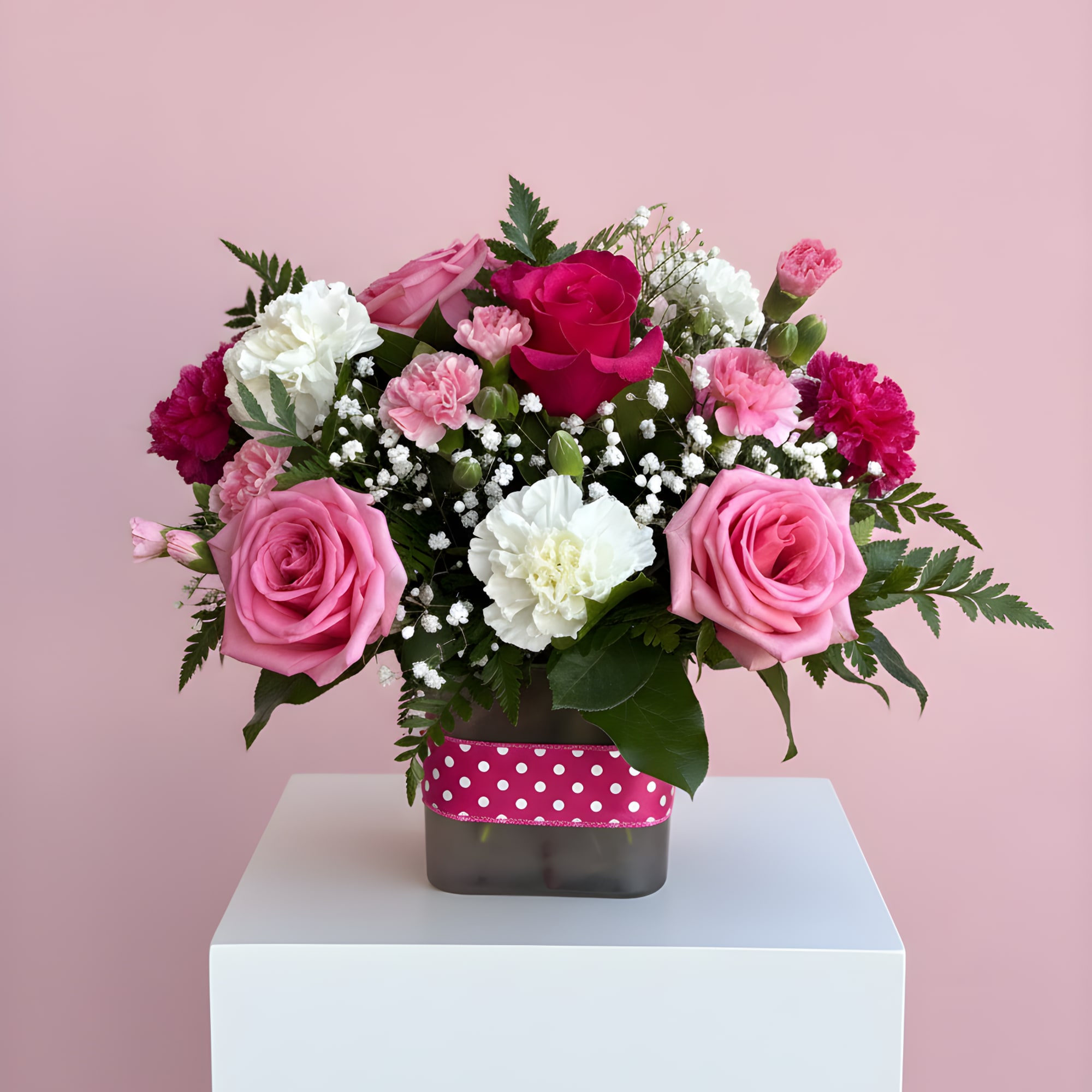 This beautiful bouquet features pink roses with pink and white carnations arranged