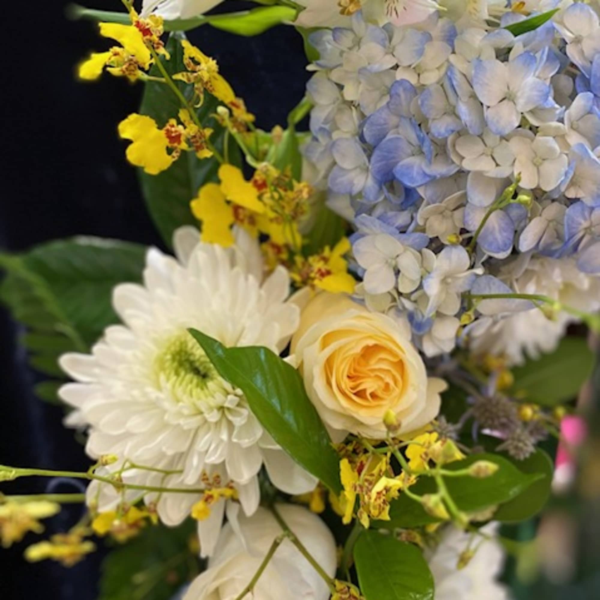 Bouquet with white daisies, pale blue hydrangea, and yellow orchids