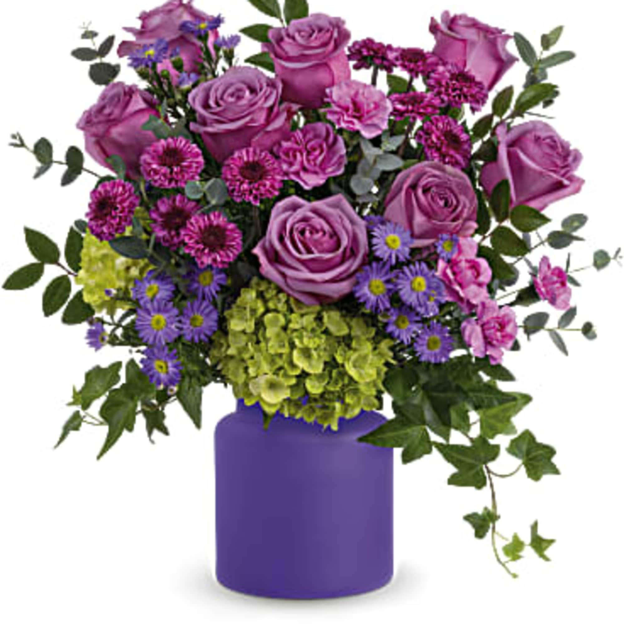 Purple roses and mixed flowers in a purple vase, photo 3 of 3