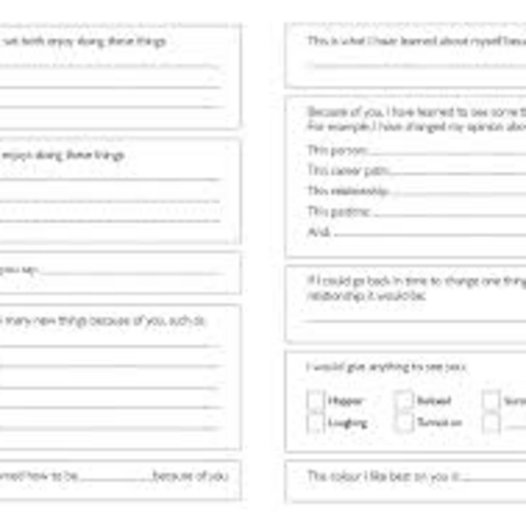 A worksheet page with fill-in-the-blank prompts and lined boxes