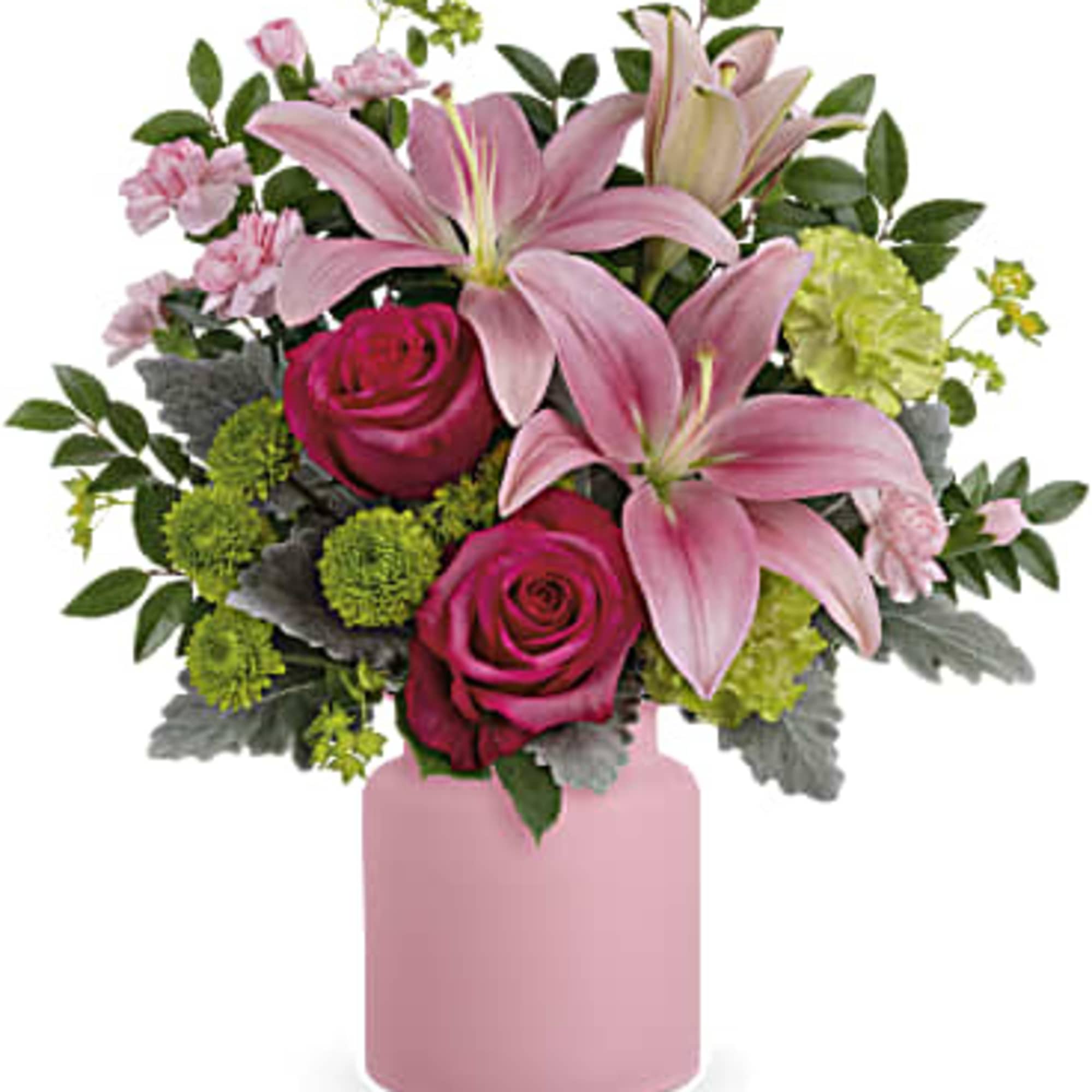Pink lilies and roses in a pink vase