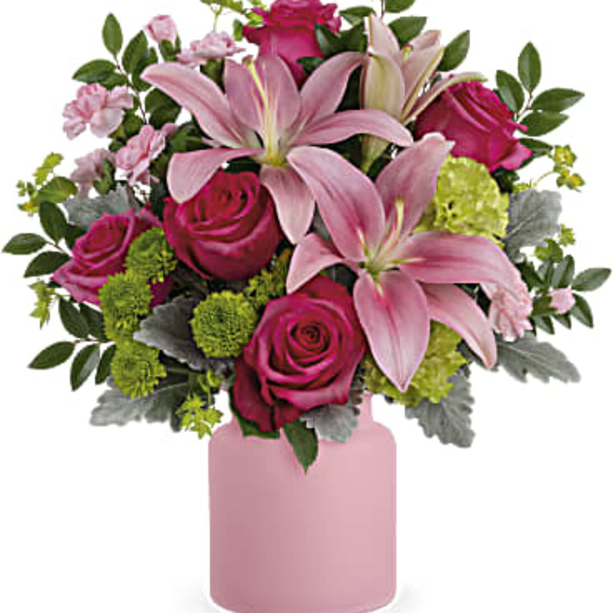 Pink lilies and magenta roses in a pink vase