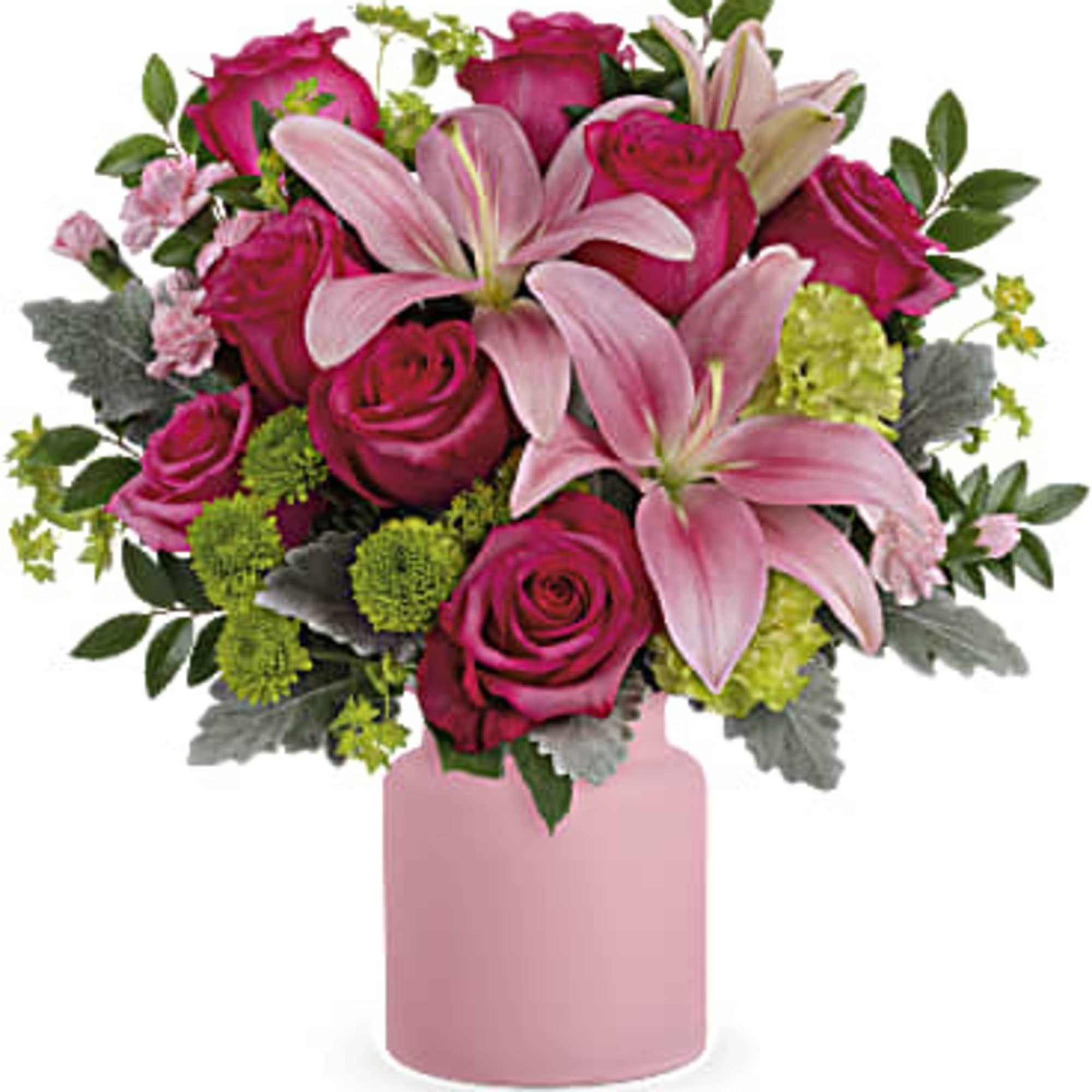 Pink roses and lilies arranged in a pink vase