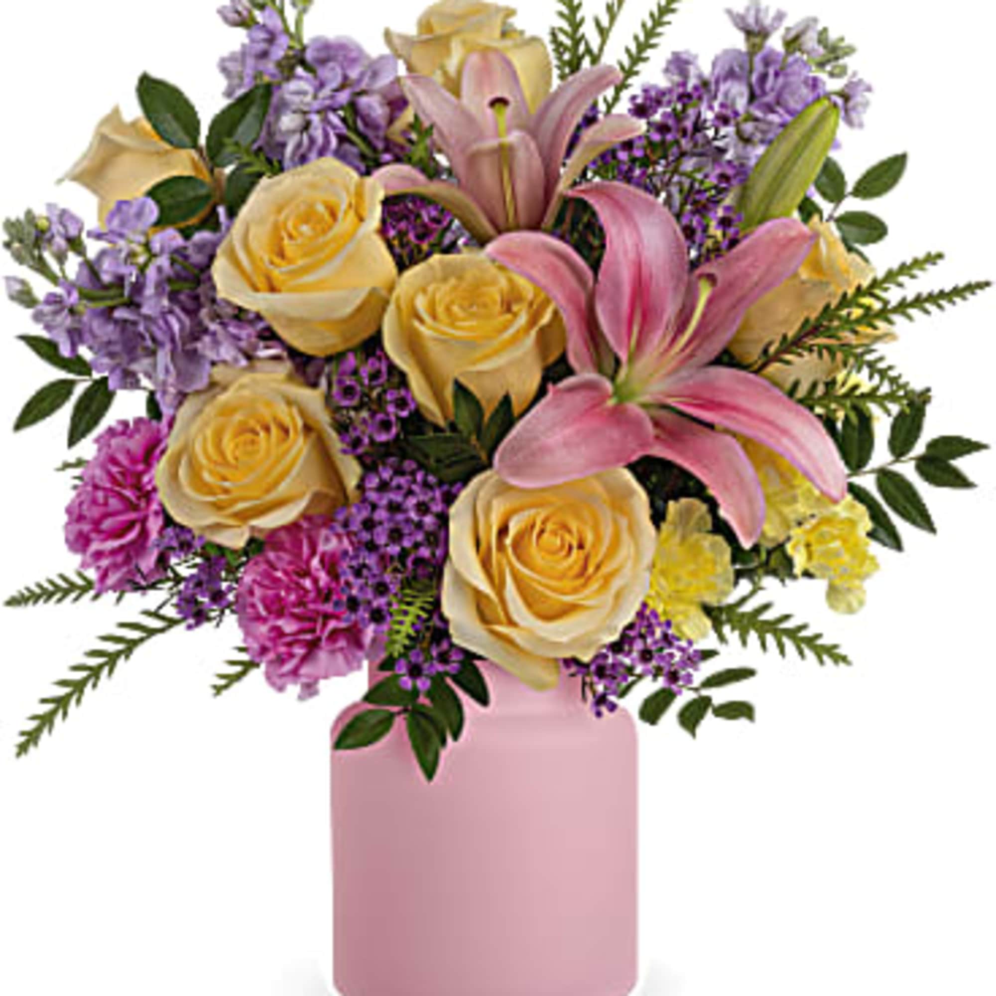 Pink lilies and yellow roses in a pink vase with purple flowers