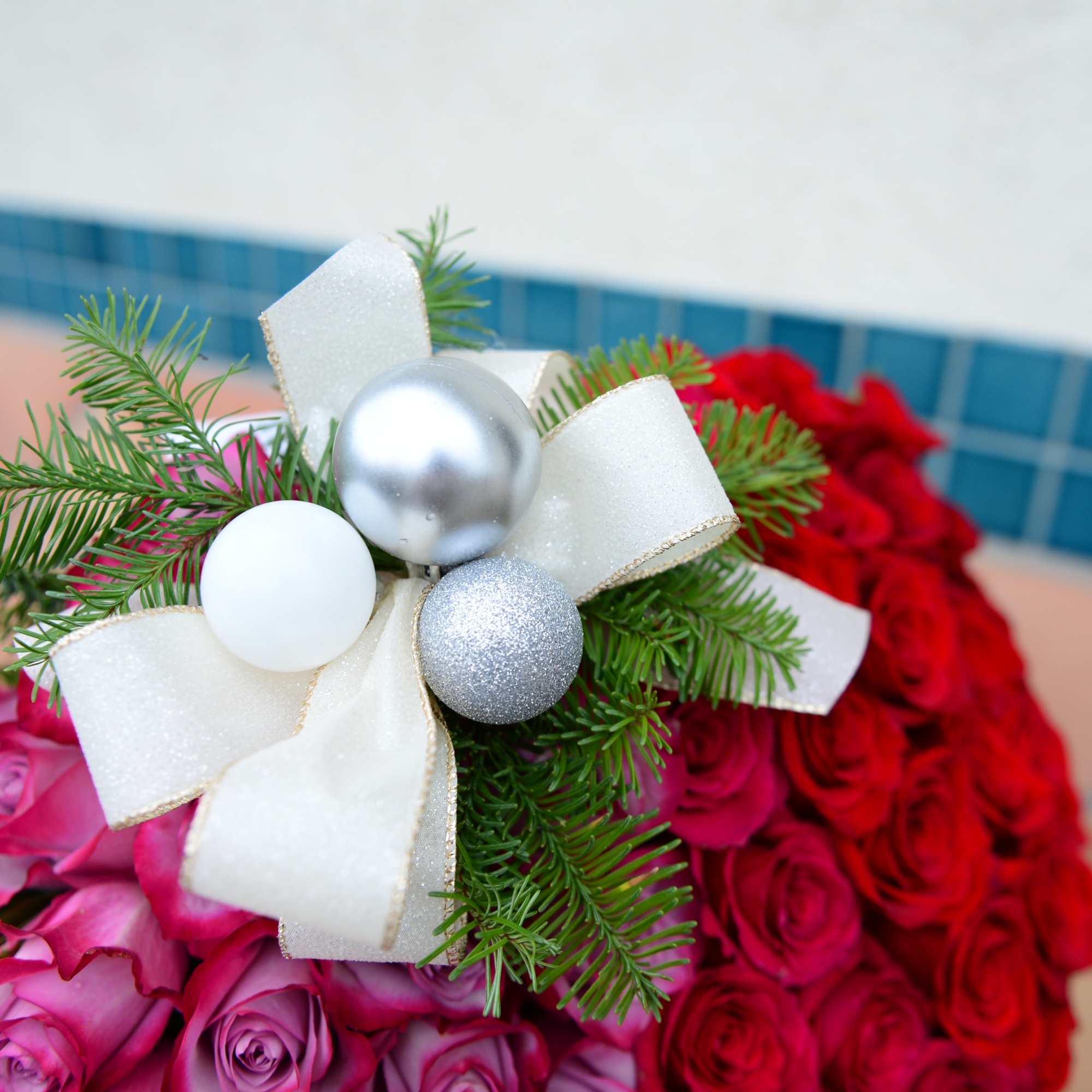 Bouquet of pink and red roses with a white ribbon and silver ornaments