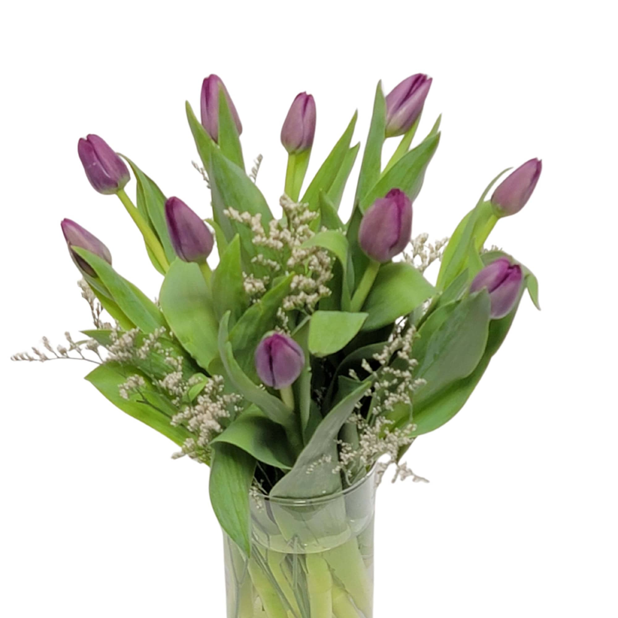 Purple tulips in a clear glass vase with small white filler flowers