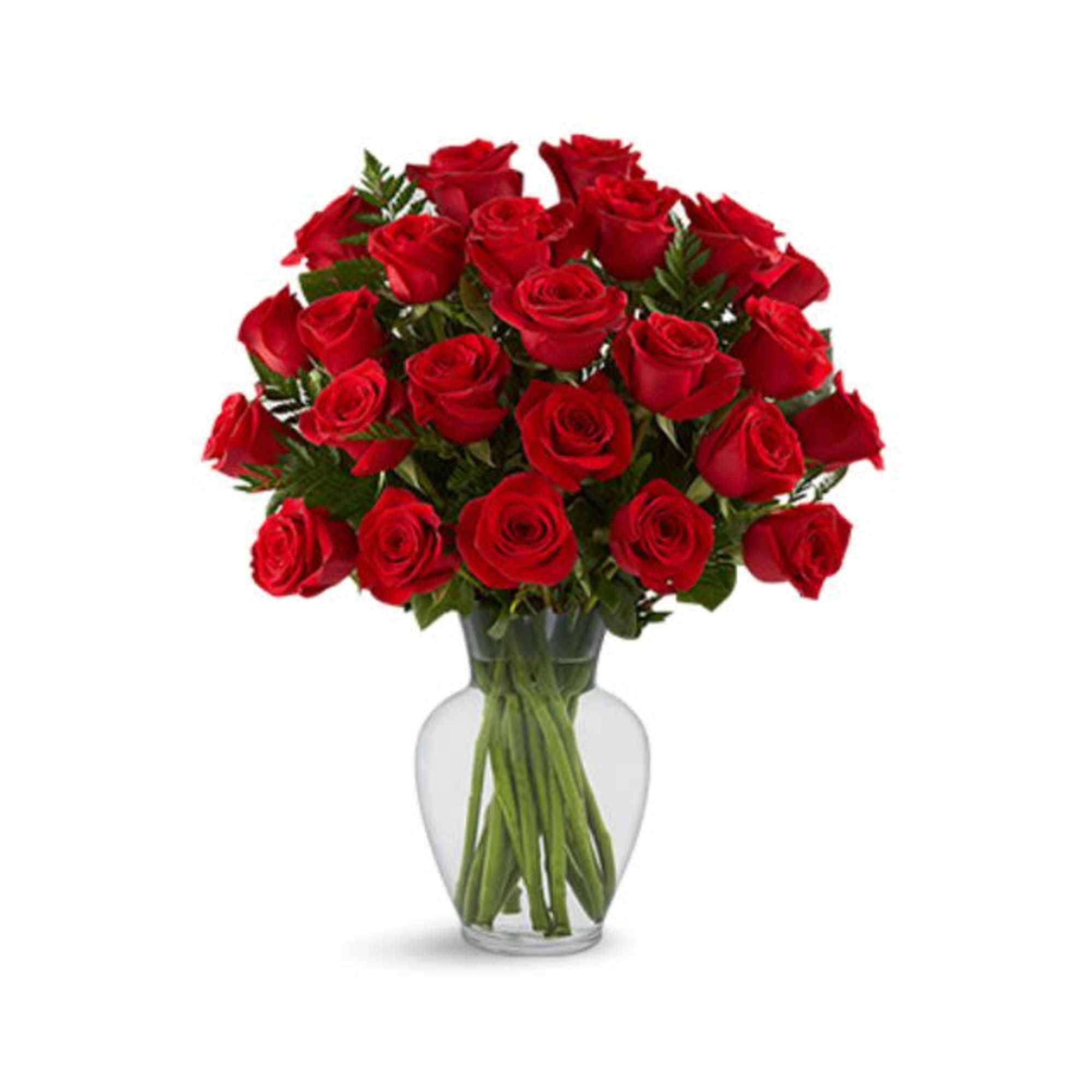 Bouquet of red roses in a clear glass vase