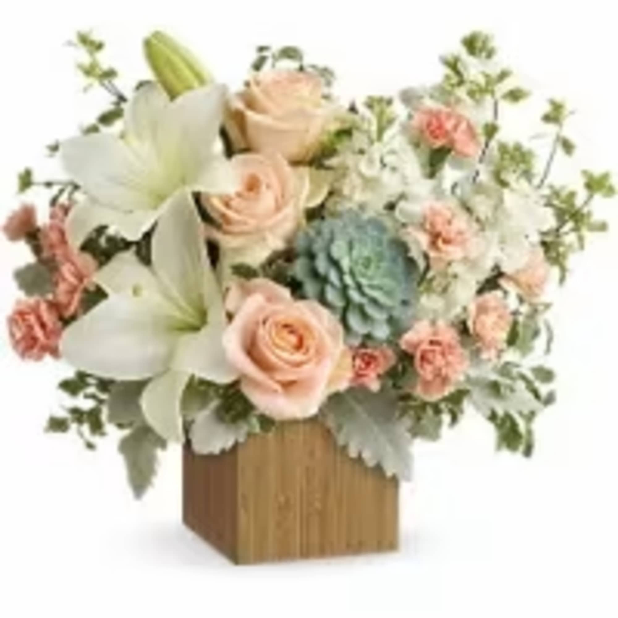 Peaceful yet energizing, this unforgettable arrangement of desert-hued blooms and succulents in, photo 2 of 2