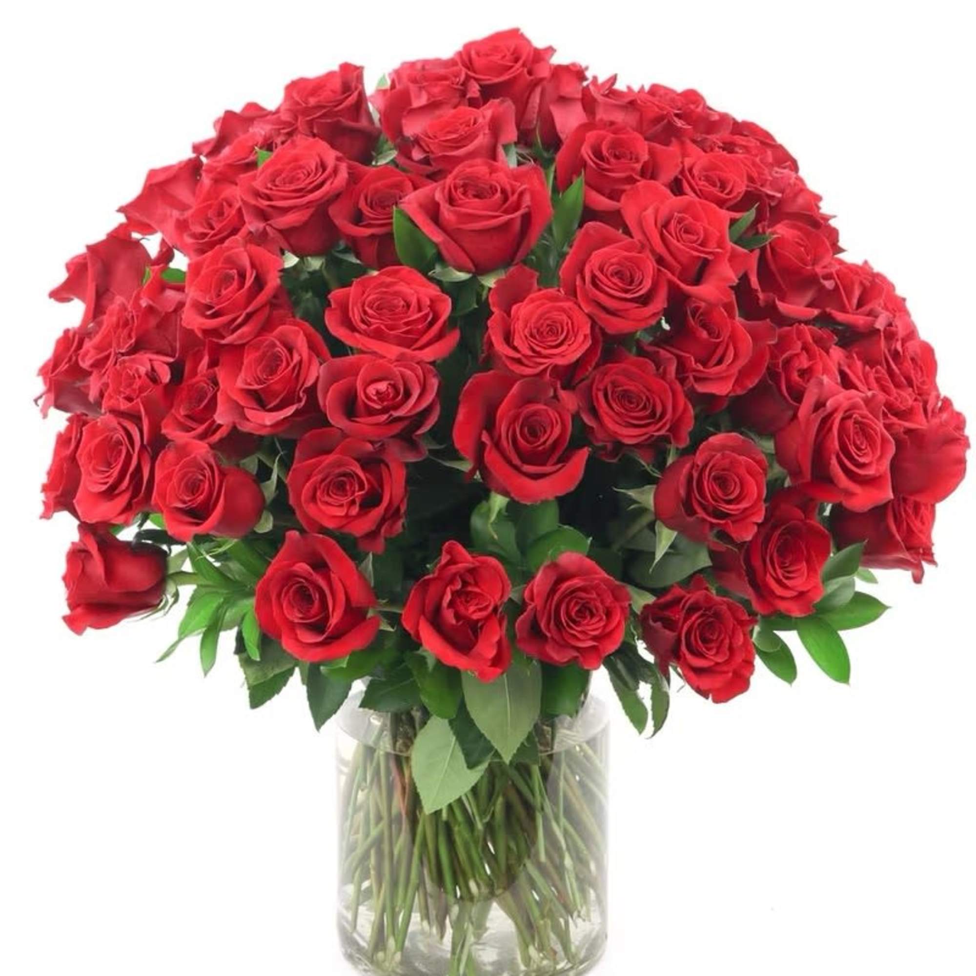 Bouquet of red roses in a clear glass vase