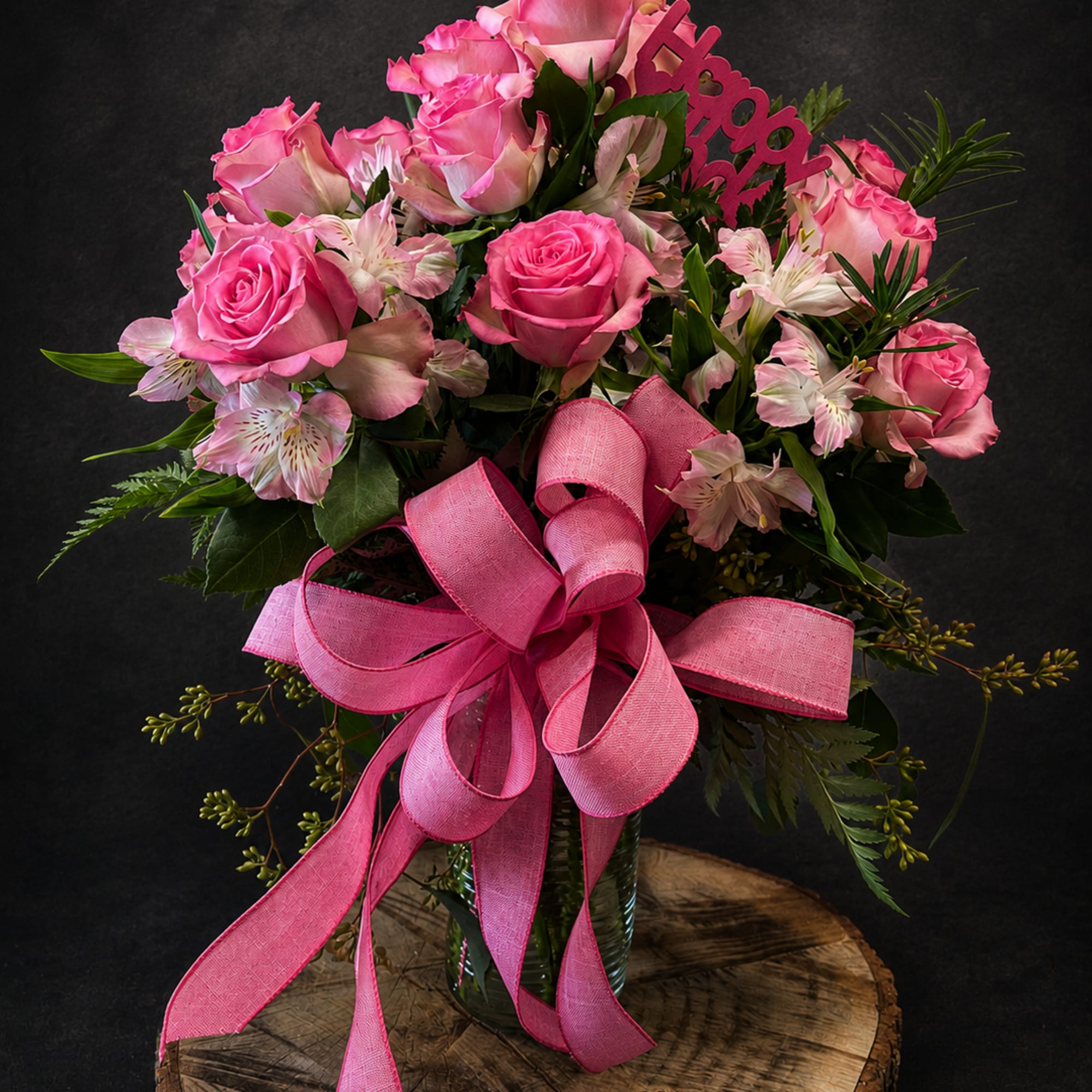 A lush cluster of bright pink roses and pale pink-and-white alstroemeria creates