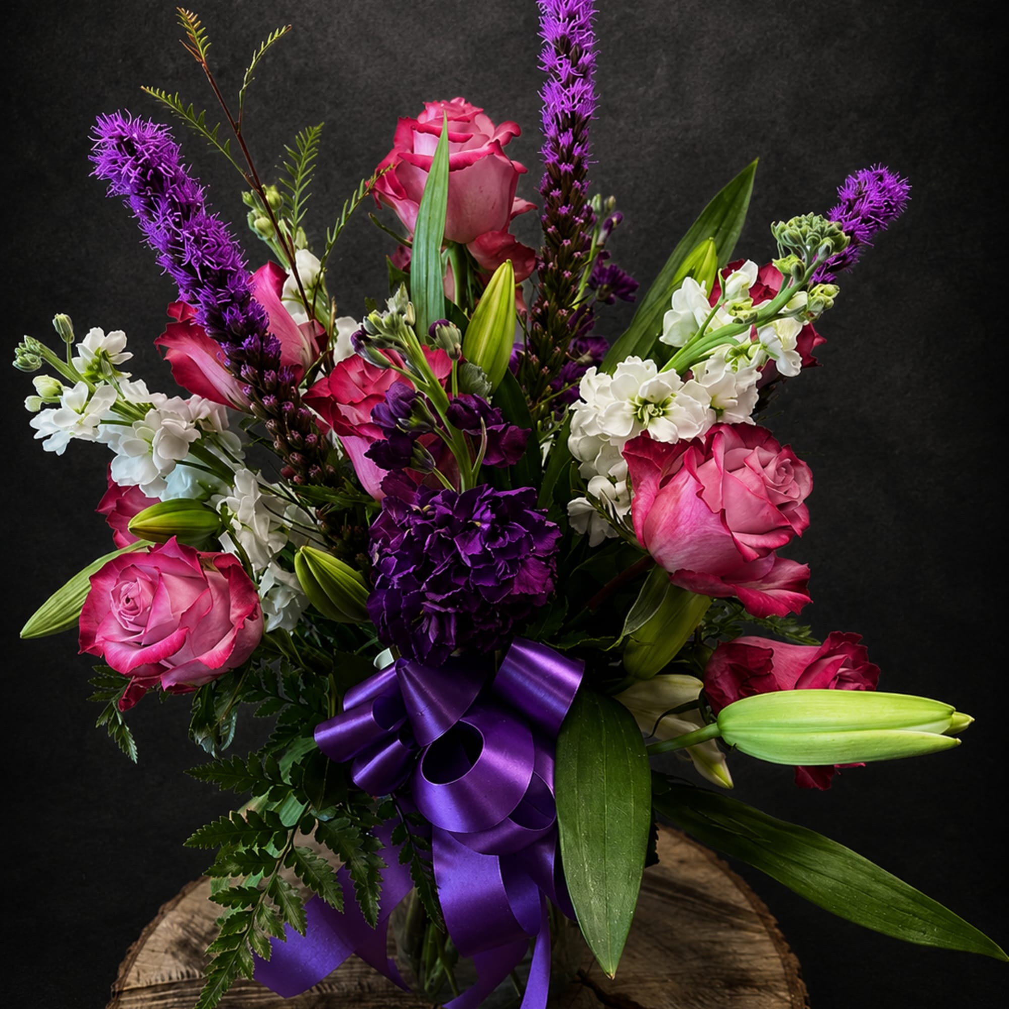 Purple flowers arranged intricately for the lover of purple.  Pops of