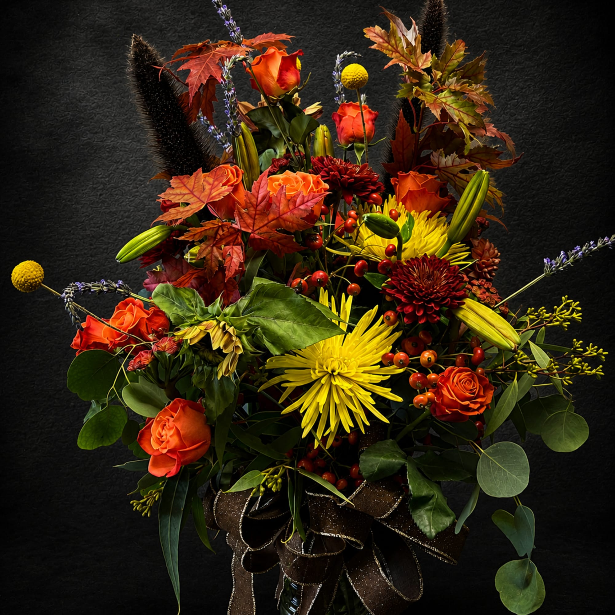 A bold harvest bouquet that reads like autumn in full color-orange roses