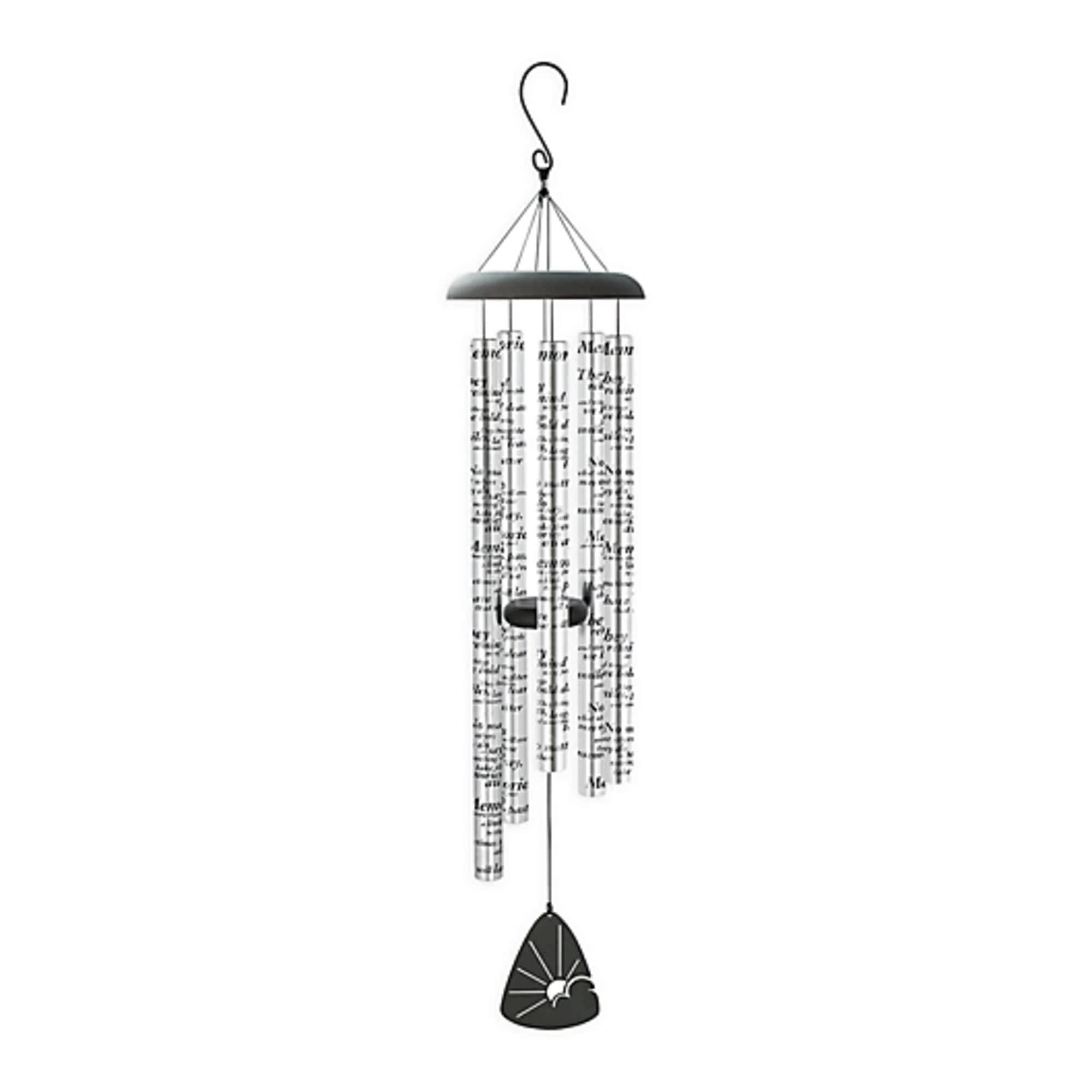 Black and silver wind chime with hanging tubes and a bell-shaped clapper.