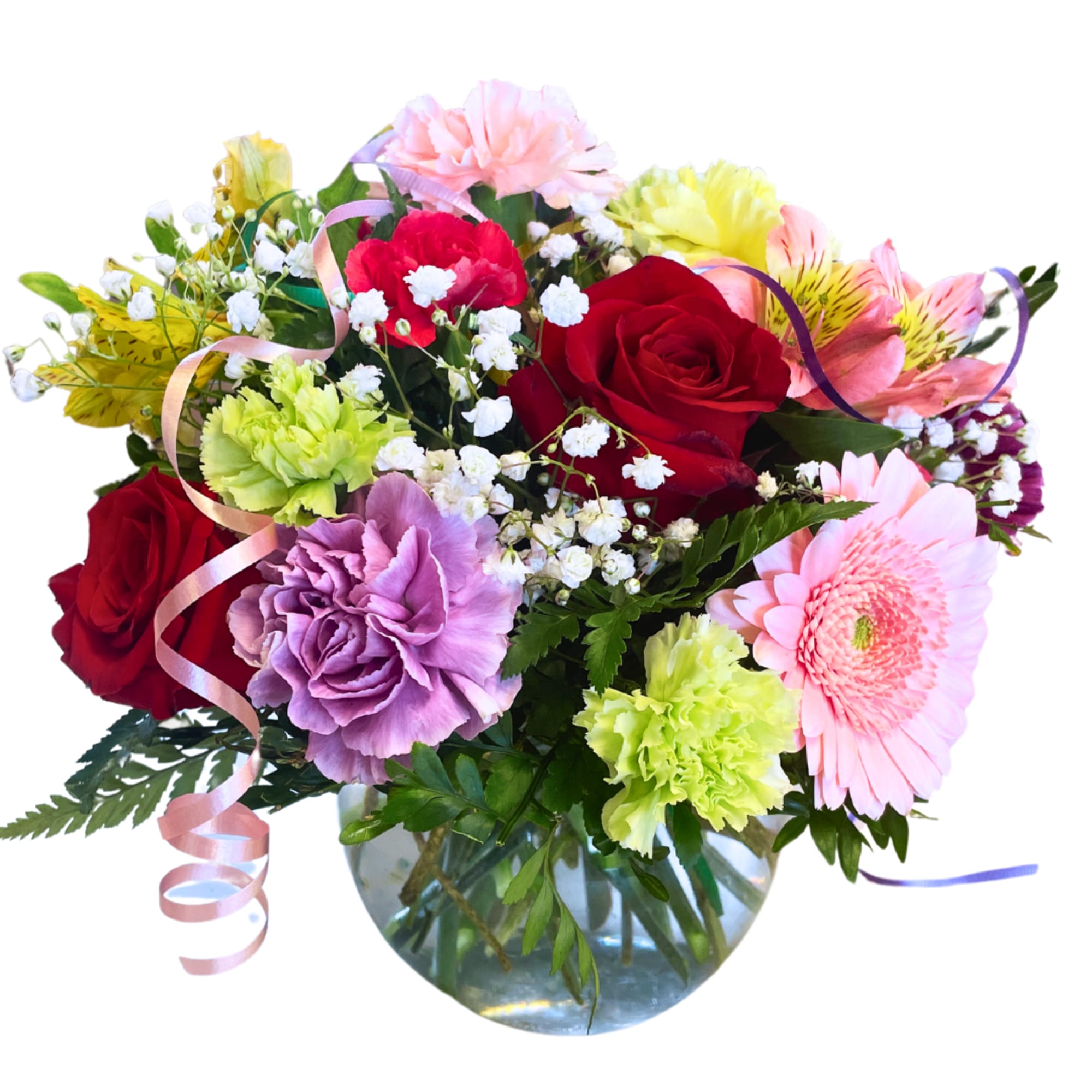 Mixed bouquet of roses, carnations, and gerbera daisies in a glass vase, photo 2 of 2