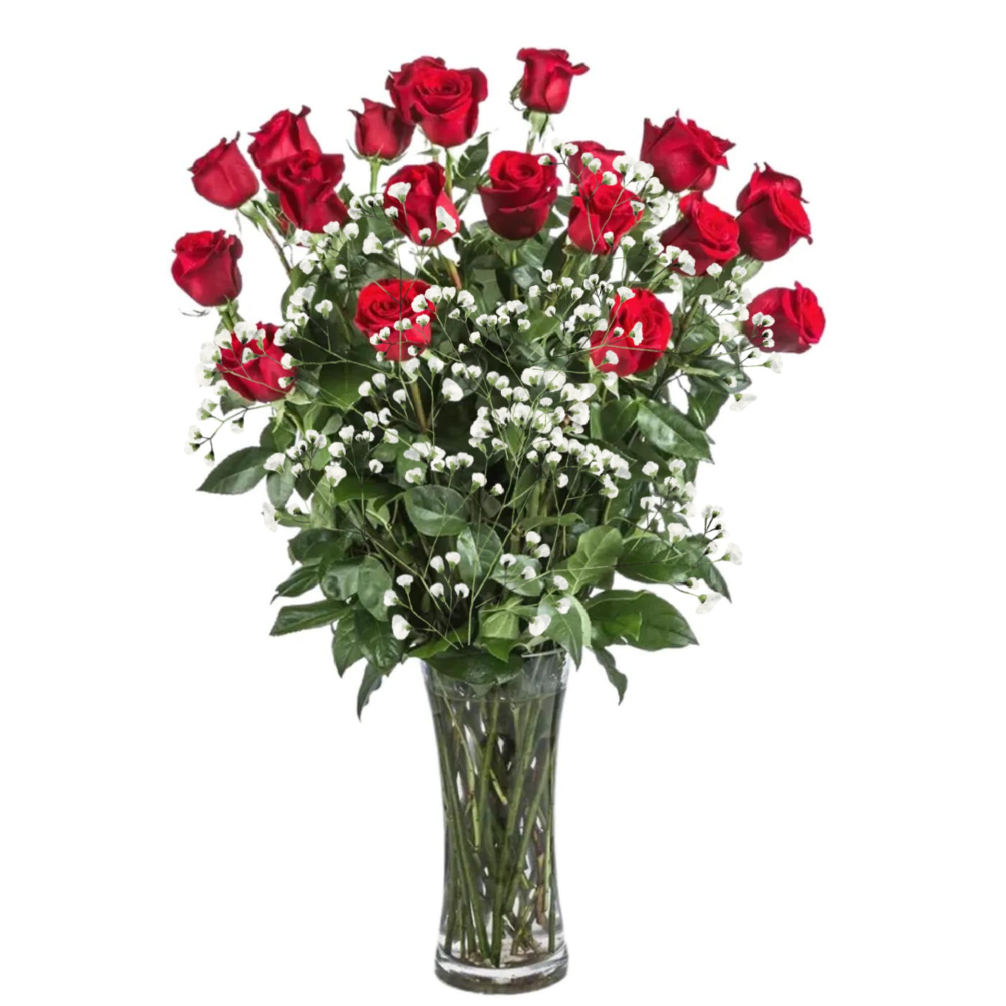 Classic roses in a vase with assorted foliage and accents. Roses are, photo 2 of 2