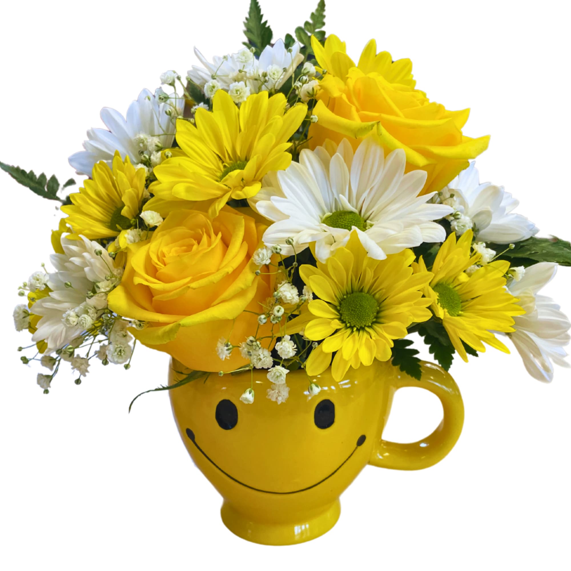 Yellow smiley-face mug filled with yellow and white flowers
