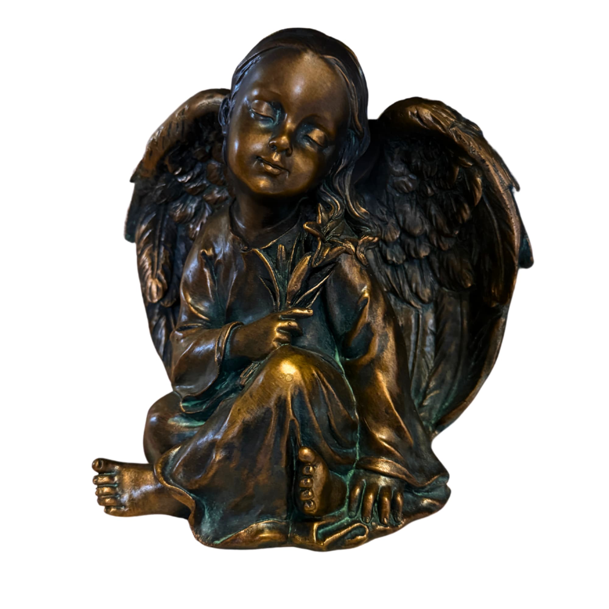 Bronze angel figurine with closed eyes and folded wings